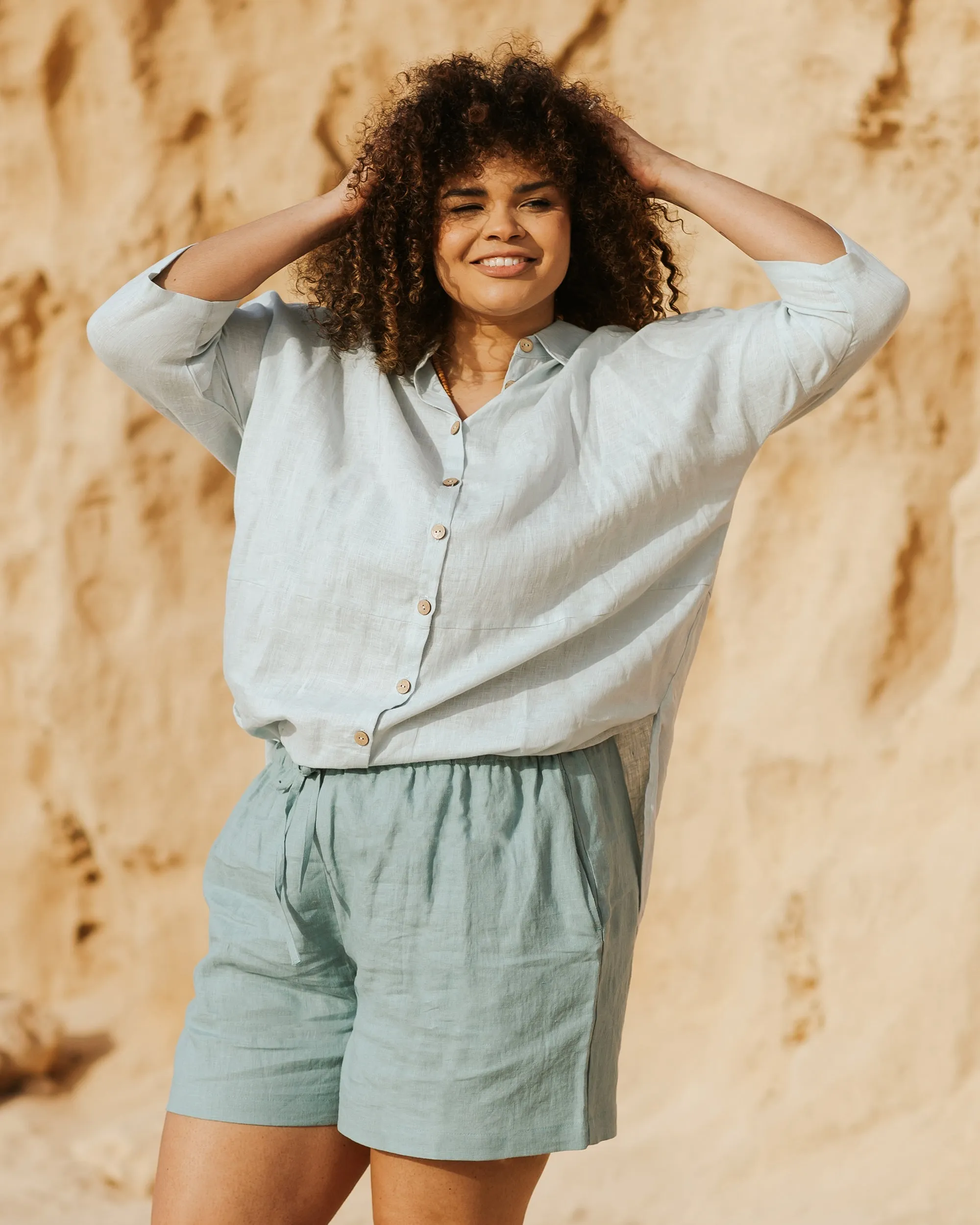 Flowing linen tunic-shirt SANIBEL in Dusty blue