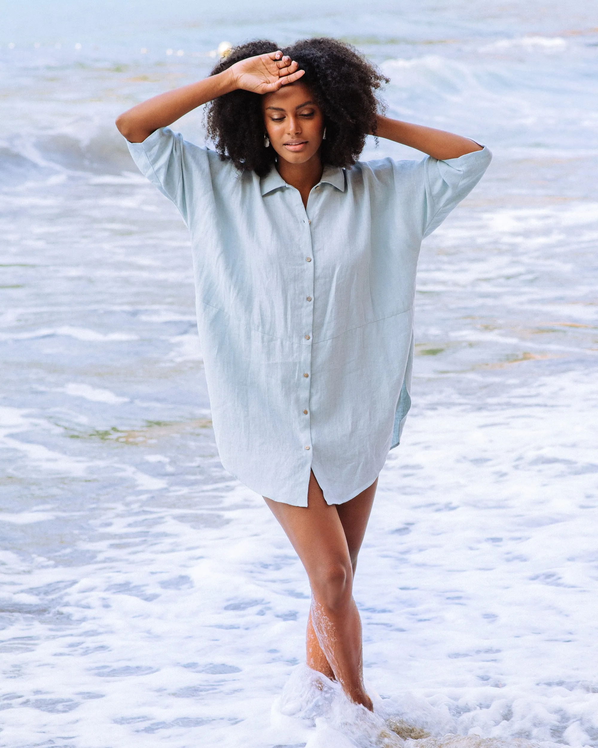 Flowing linen tunic-shirt SANIBEL in Dusty blue