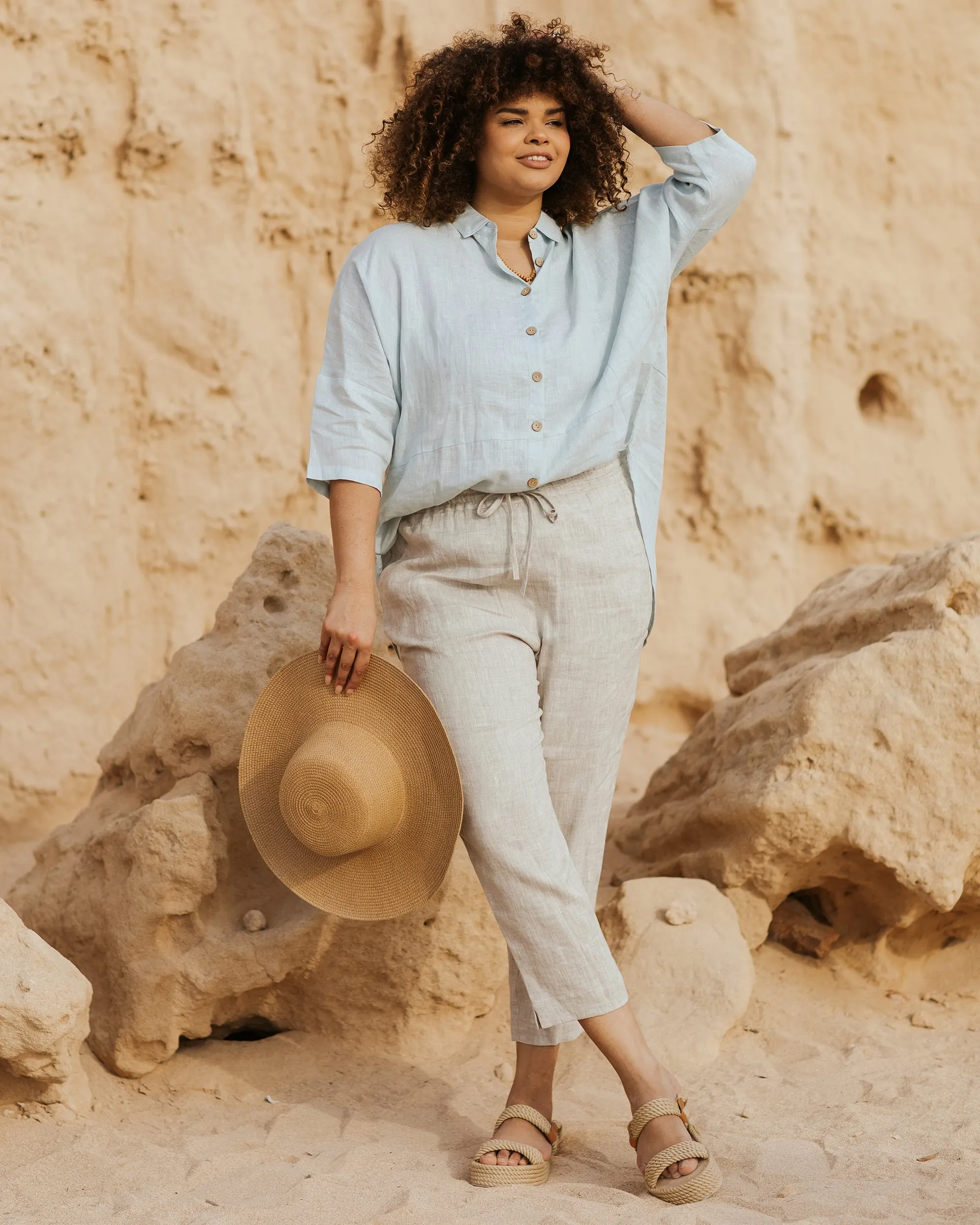 Flowing linen tunic-shirt SANIBEL in Dusty blue