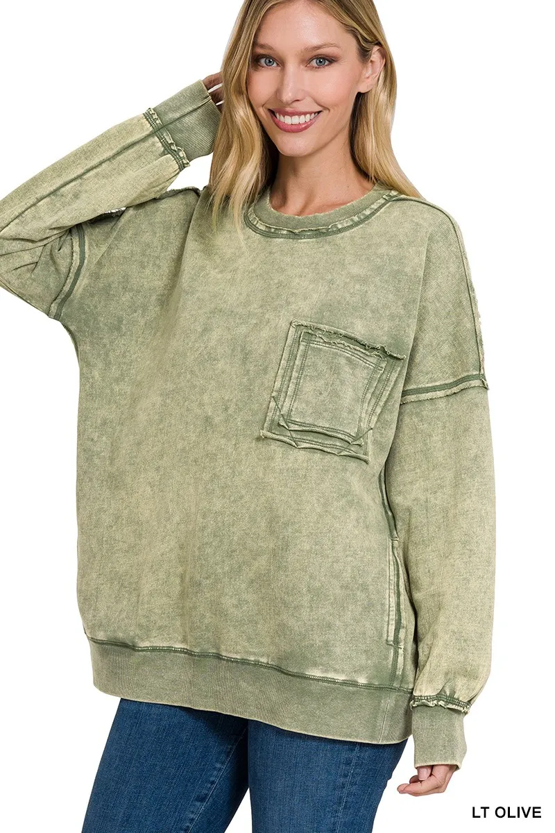 FRENCH TERRY ACID WASH RAW EDGE FRONT POCKET PULLOVER TOP WITH POCKET /STUFFOLOGY BOUTIQUE