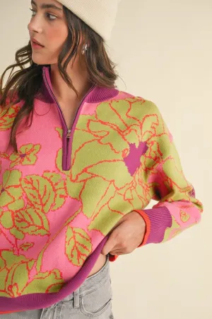 Fuschia & Sage Edge Zip Pullover