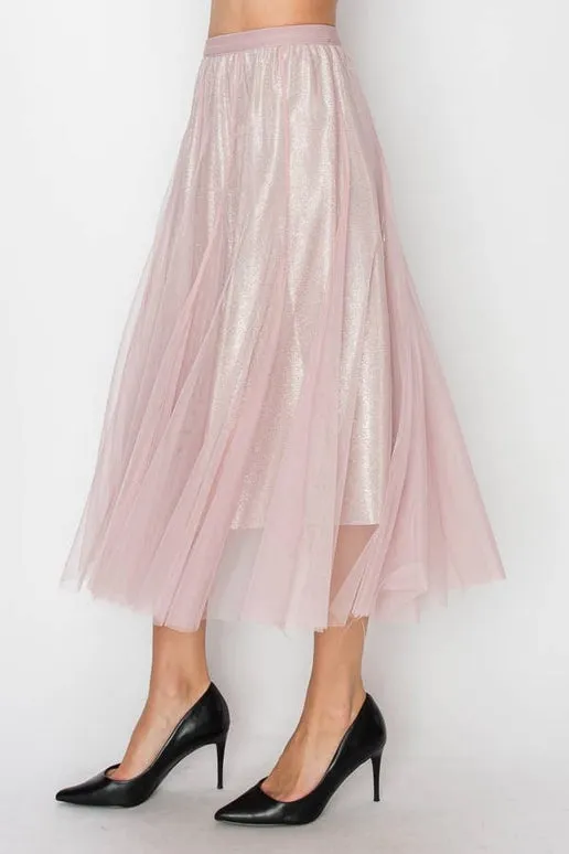 Grace Shimmer Tulle Midi Skirt in Mauve