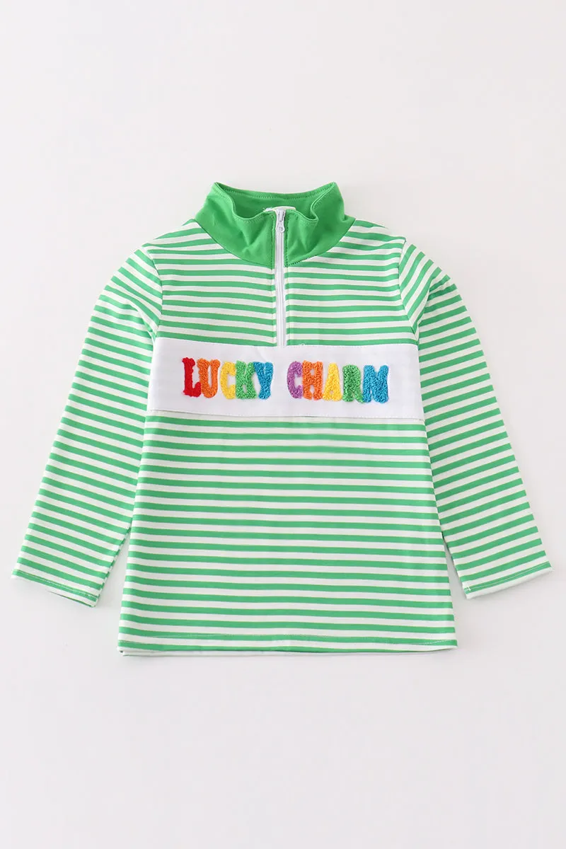 Green stripe lucky charm french knot boy pullover