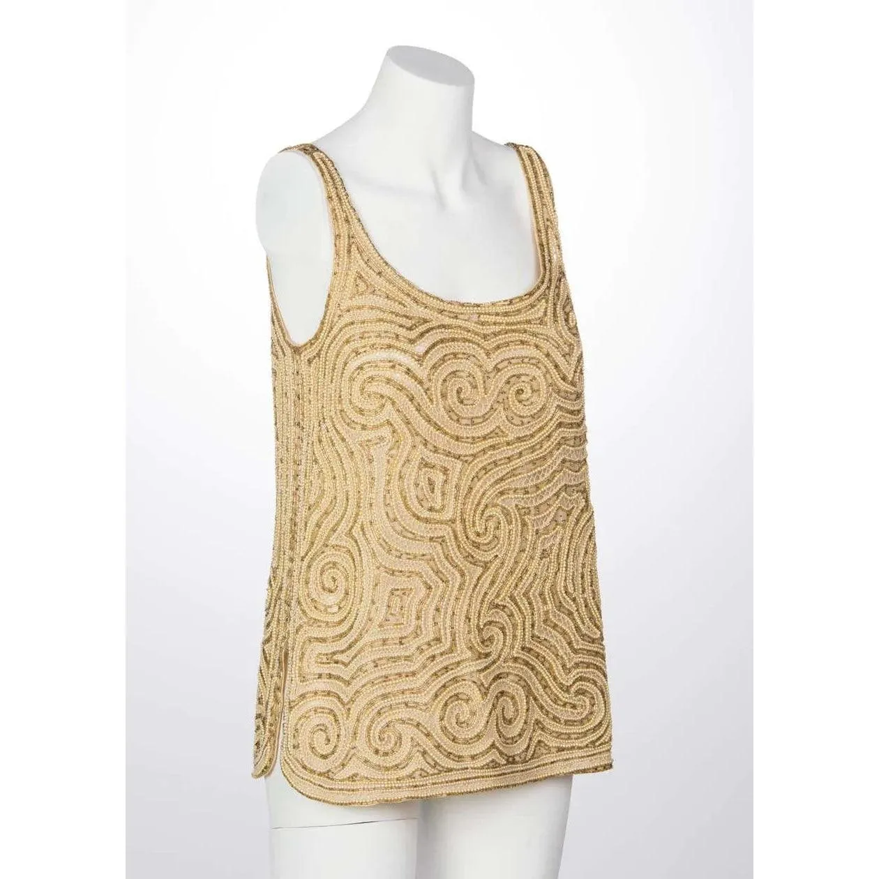 HALSTON 1970’s Gold Beaded & Pearl Organza Tunic Top | Size S/M