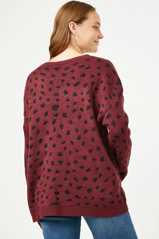 Hayden Leopard Sweater Pullover - Burgundy