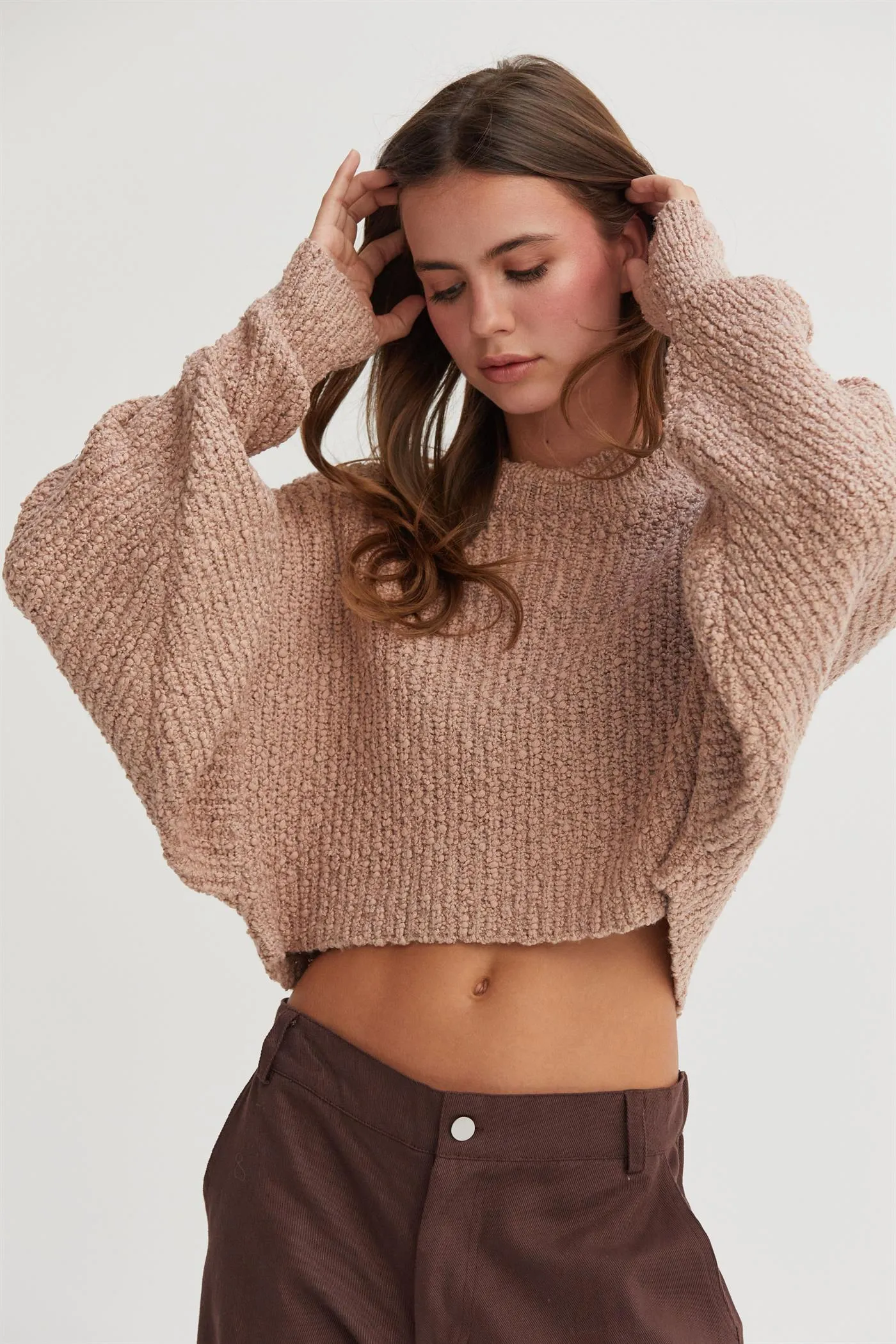 HF24F286-Popcorn Knit Cropped Pullover