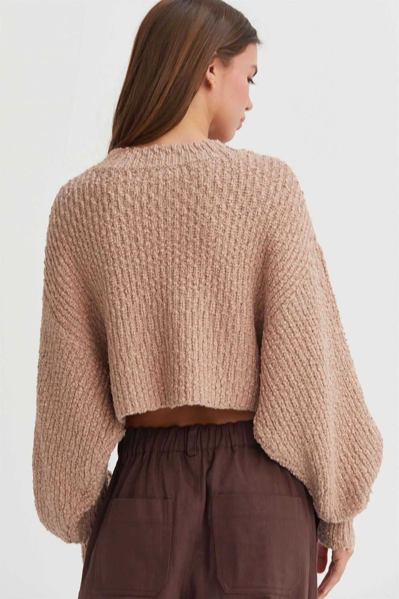 HF24F286-Popcorn Knit Cropped Pullover