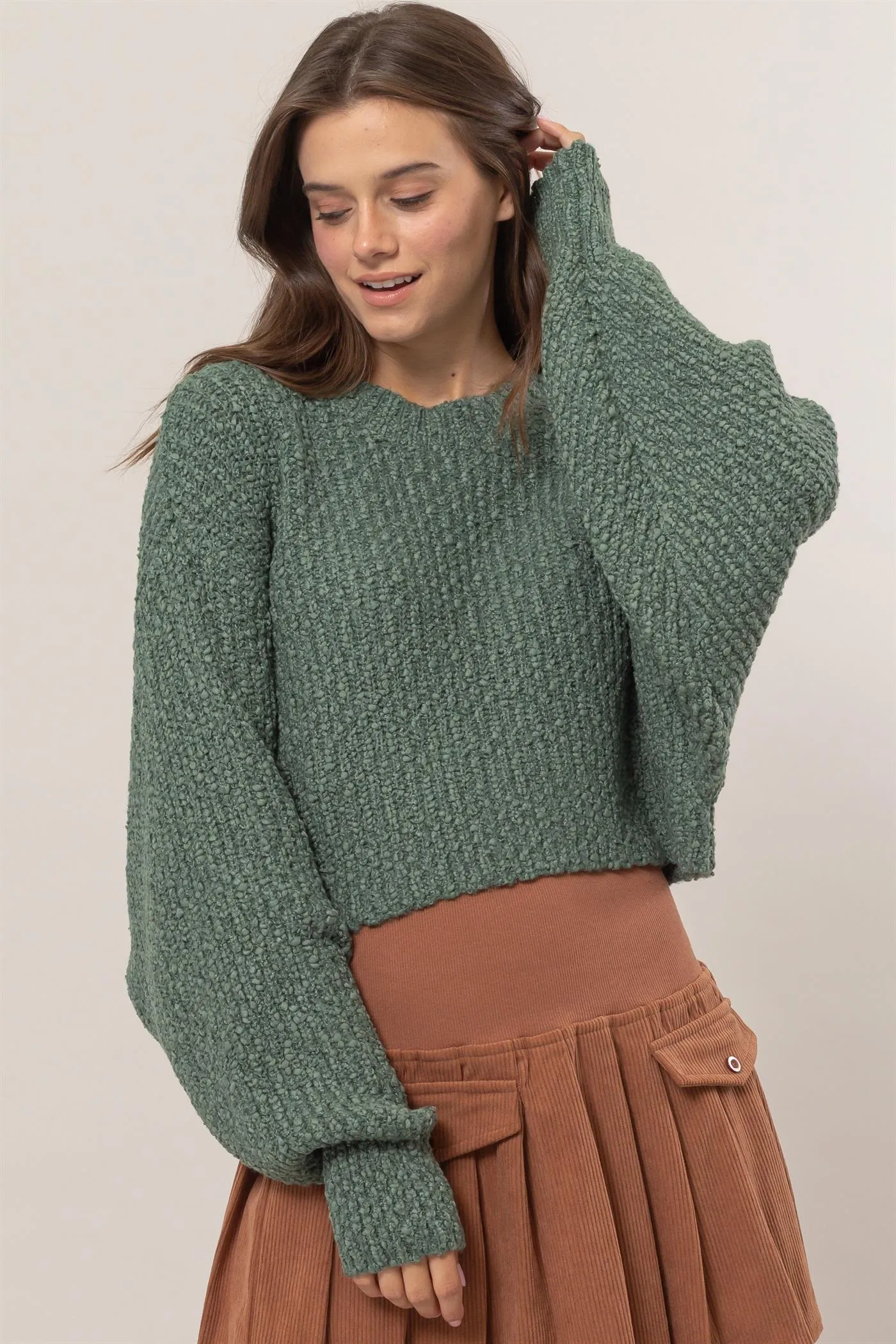 HF24F286-Popcorn Knit Cropped Pullover