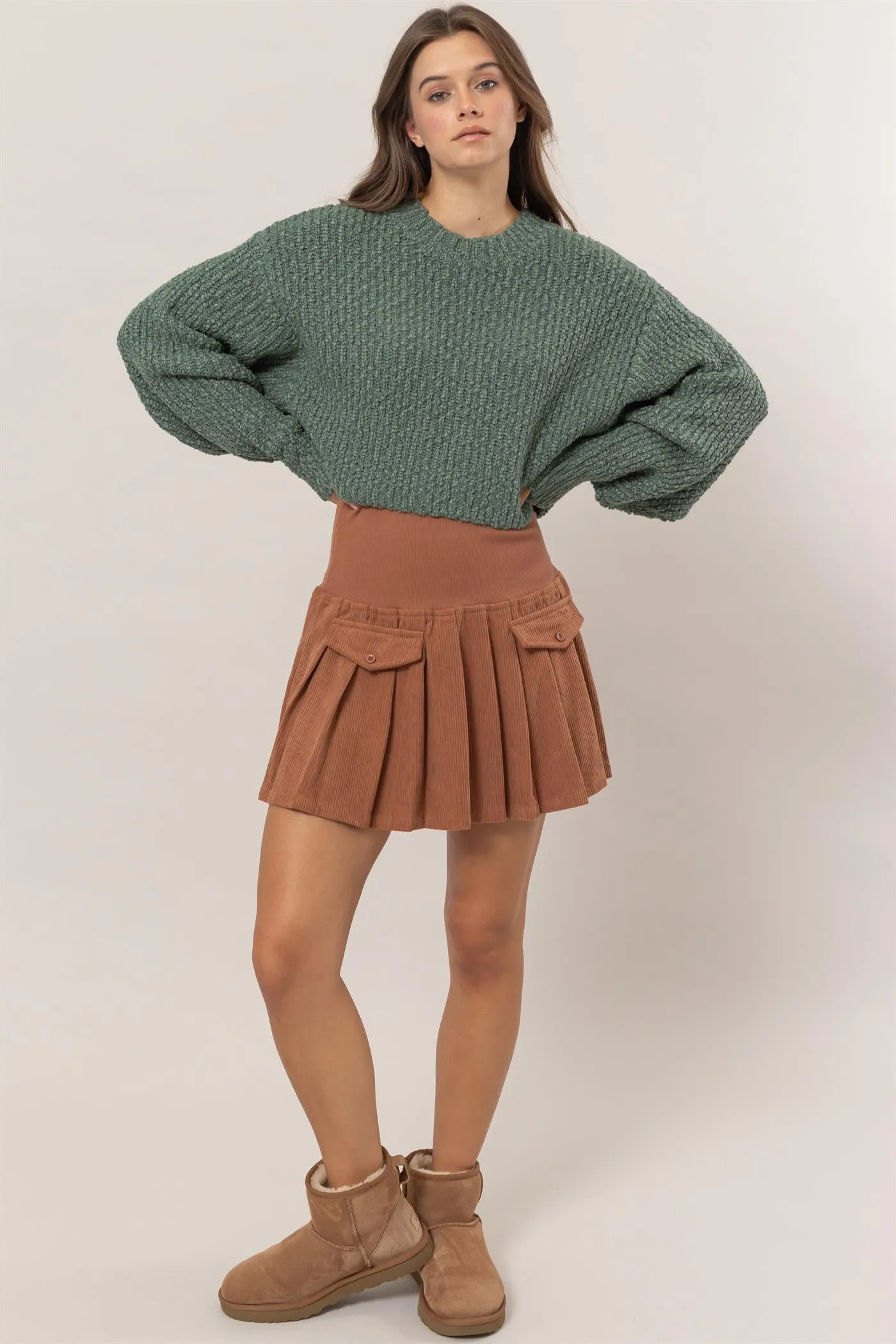 HF24F286-Popcorn Knit Cropped Pullover