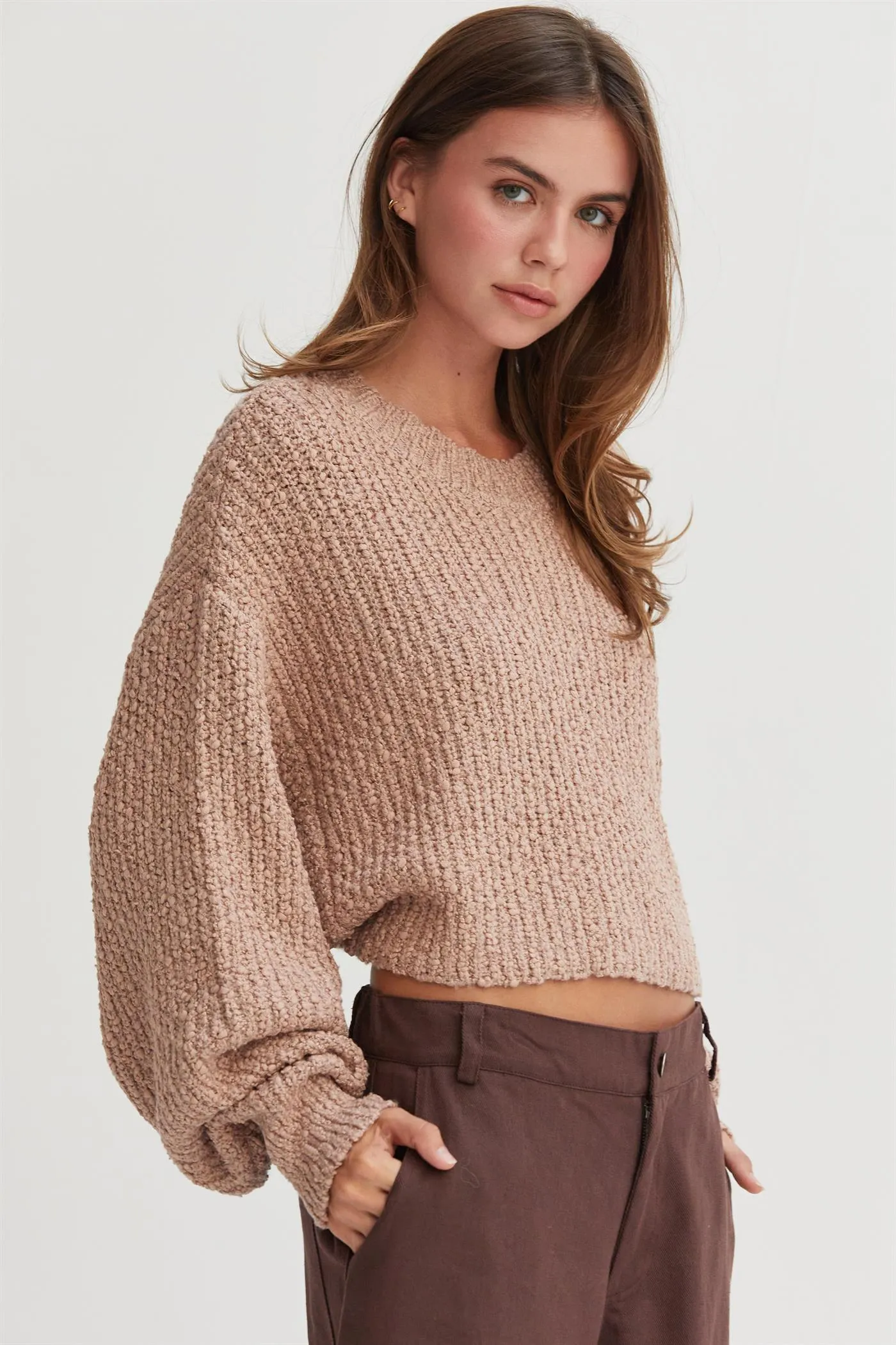 HF24F286-Popcorn Knit Cropped Pullover