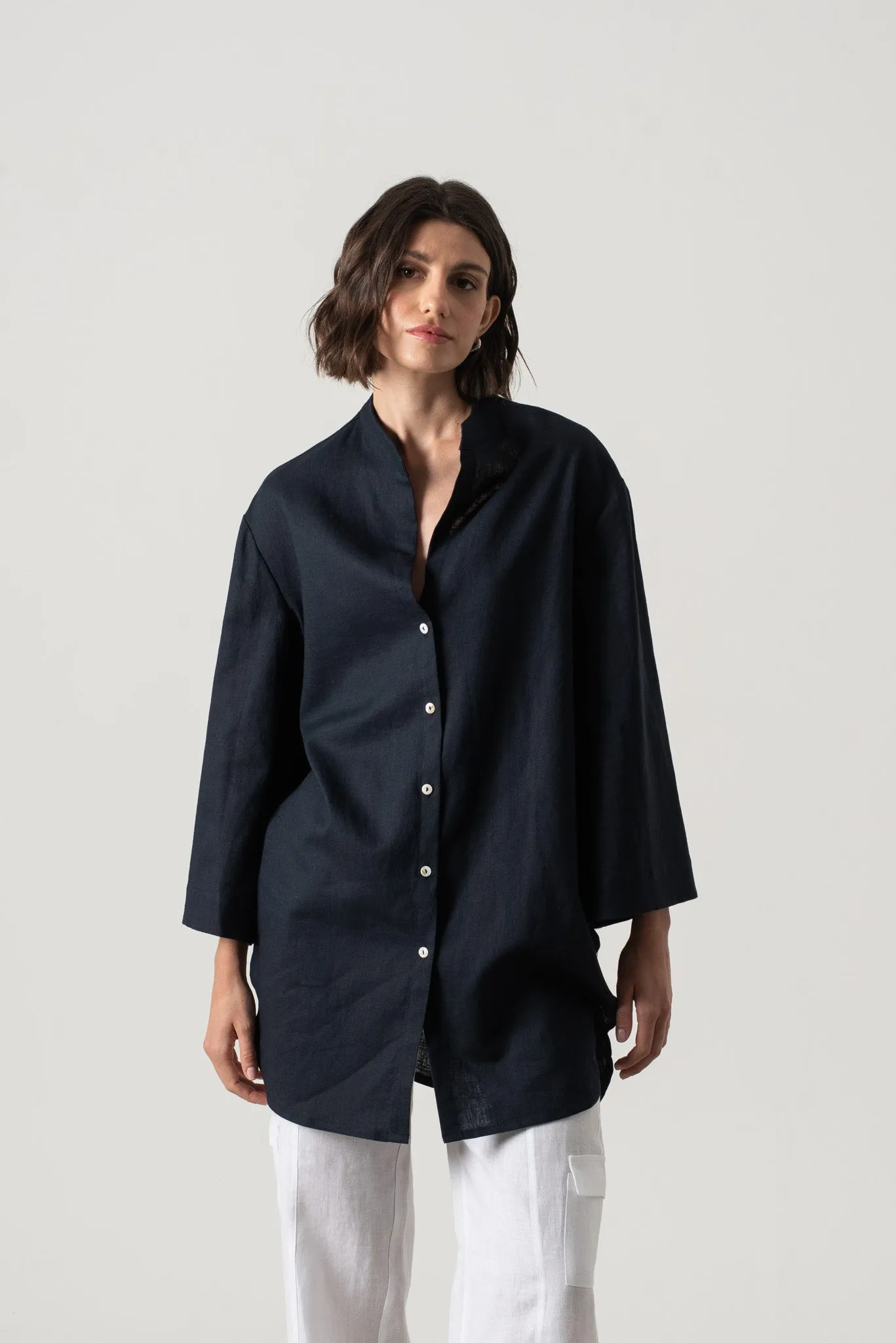 Hugo Linen Tunic Button Shirt Navy