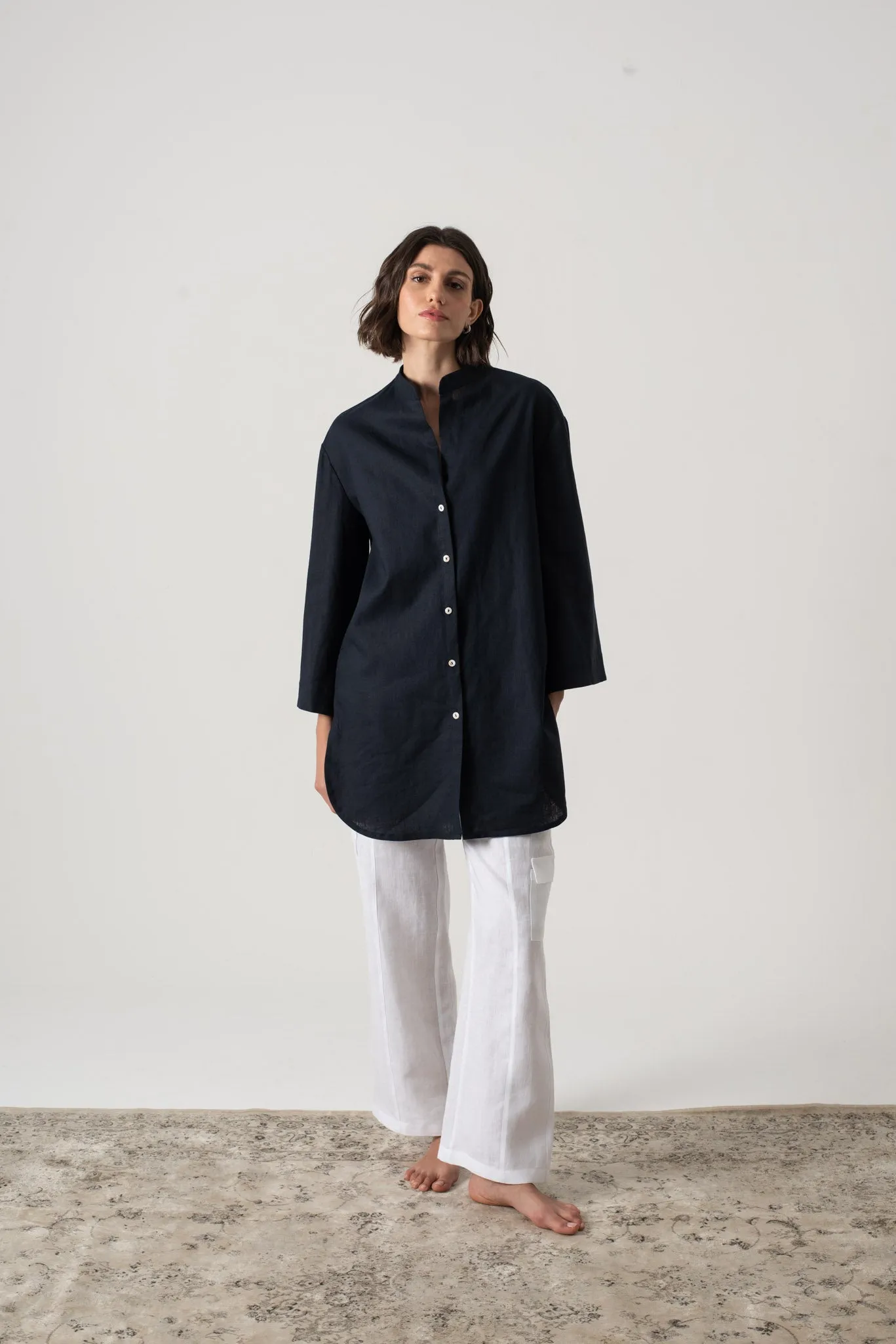 Hugo Linen Tunic Button Shirt Navy