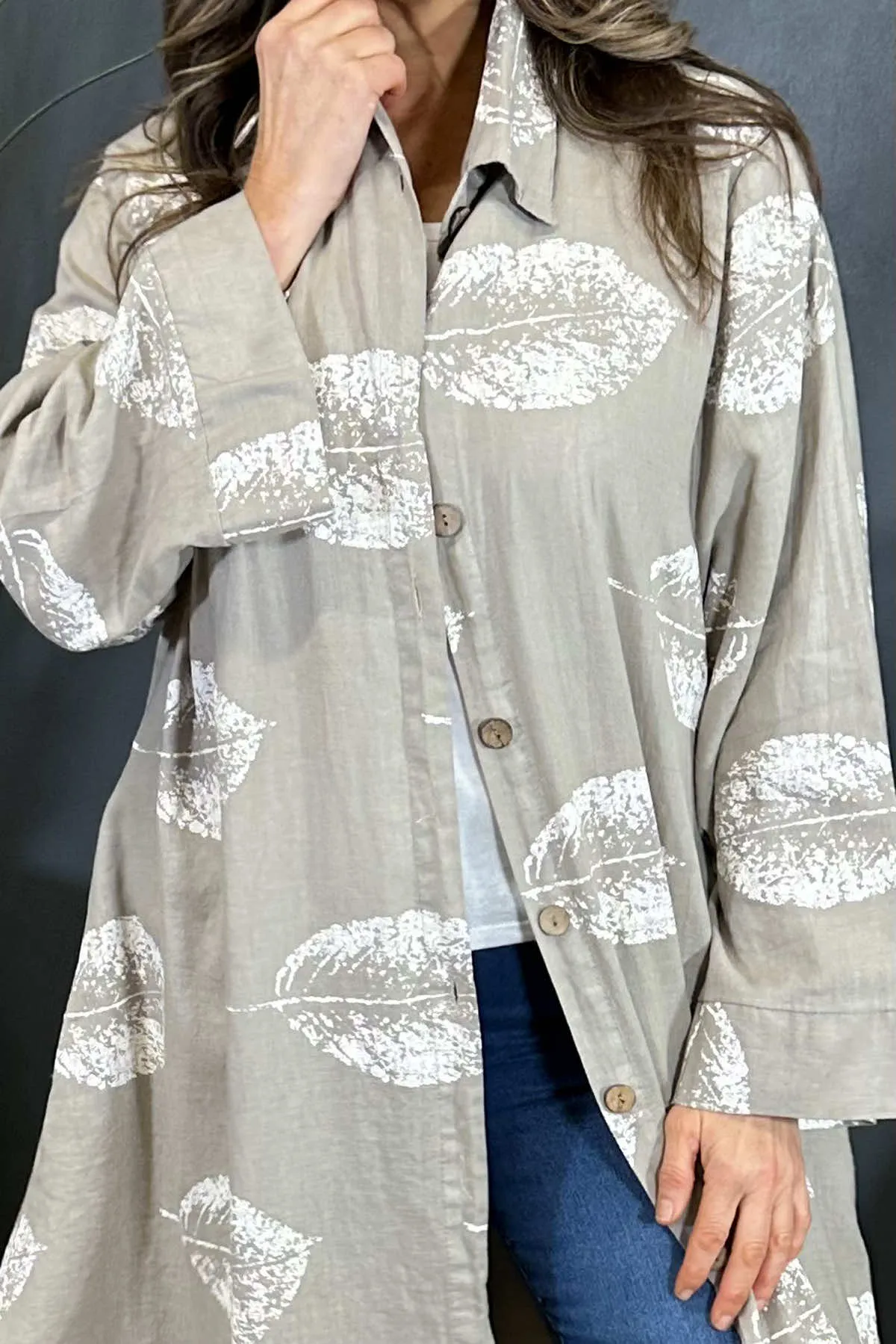 Irene Print Button Linen Tunic Mocha