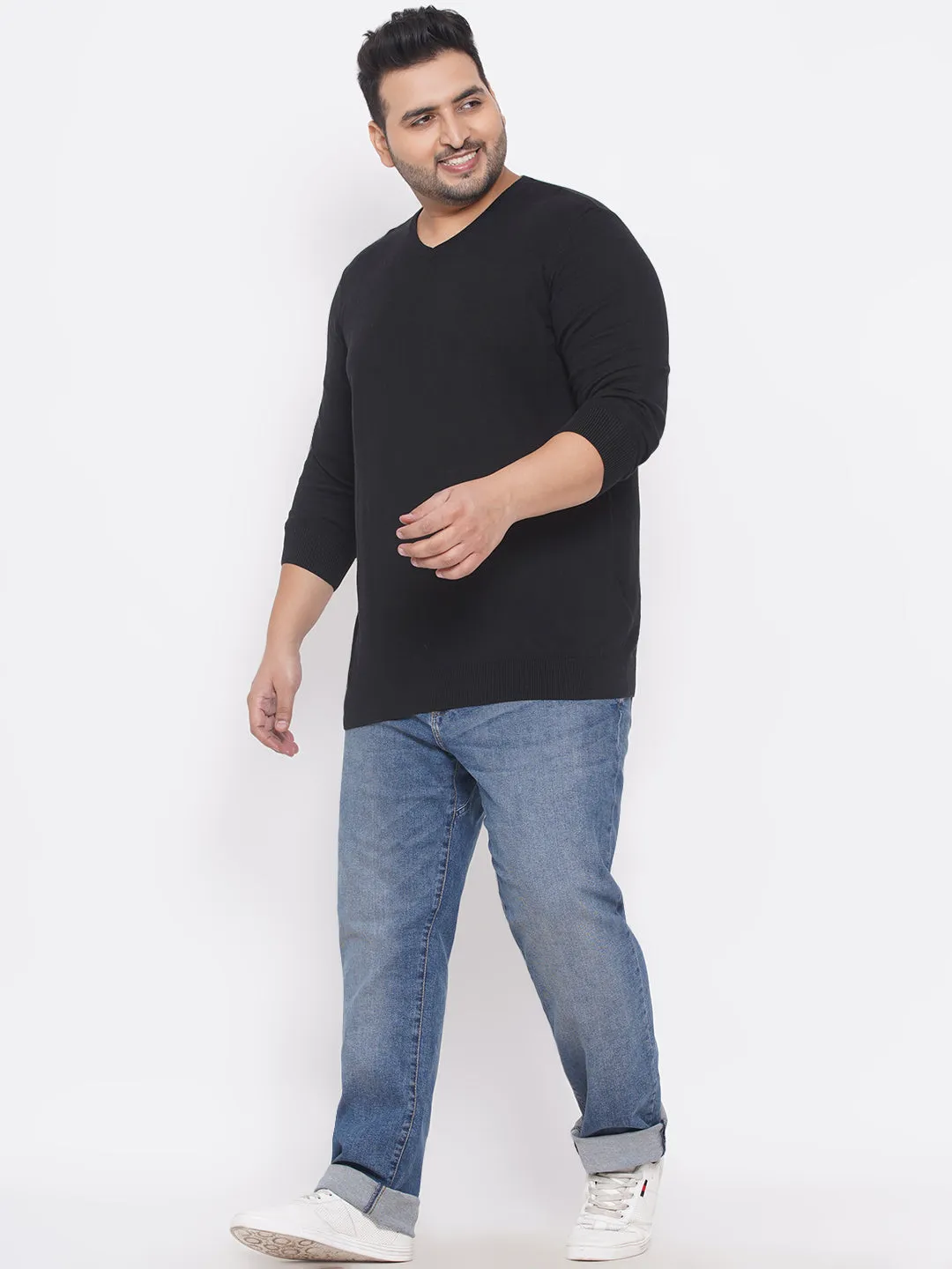 Kiabi - Plus Size Men's Regular Fit Black Solid Cotton Knitted Long Sleeves Sweater