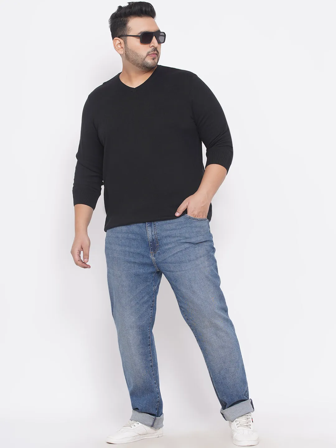 Kiabi - Plus Size Men's Regular Fit Black Solid Cotton Knitted Long Sleeves Sweater