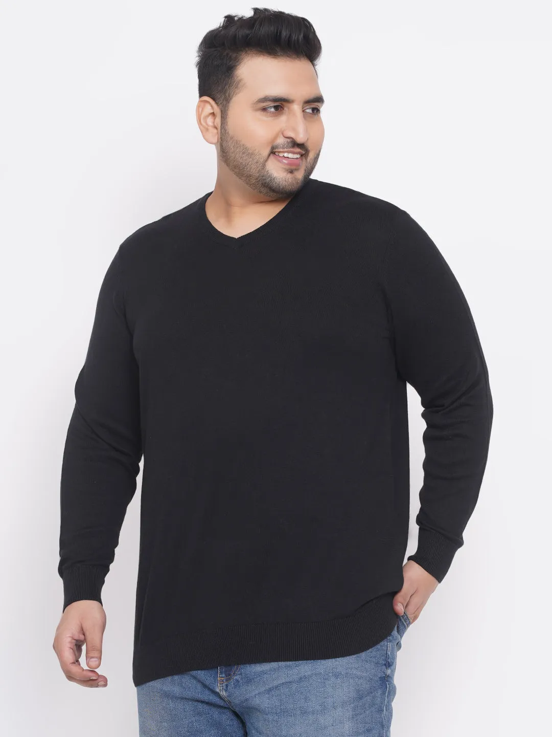 Kiabi - Plus Size Men's Regular Fit Black Solid Cotton Knitted Long Sleeves Sweater