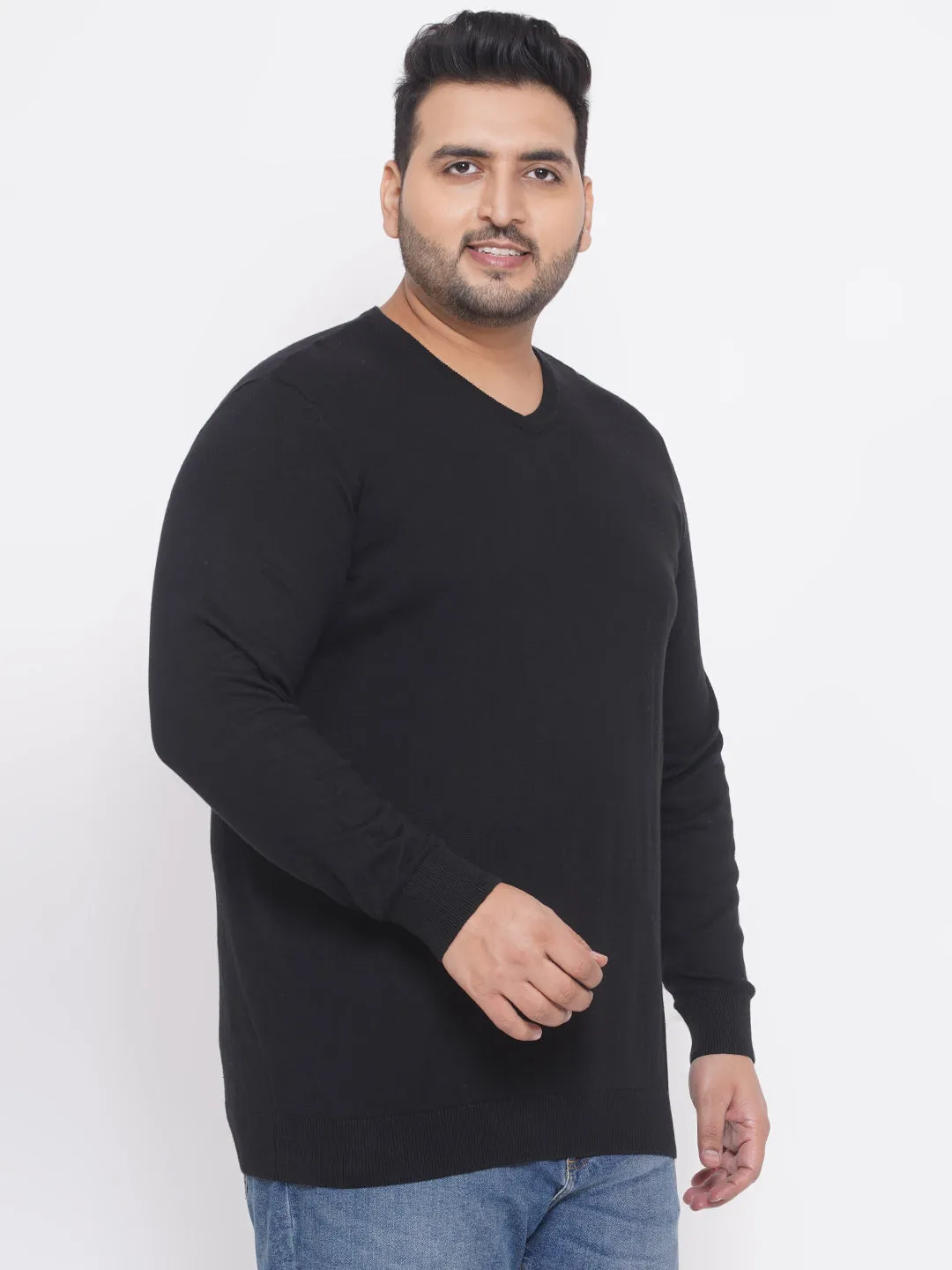 Kiabi - Plus Size Men's Regular Fit Black Solid Cotton Knitted Long Sleeves Sweater