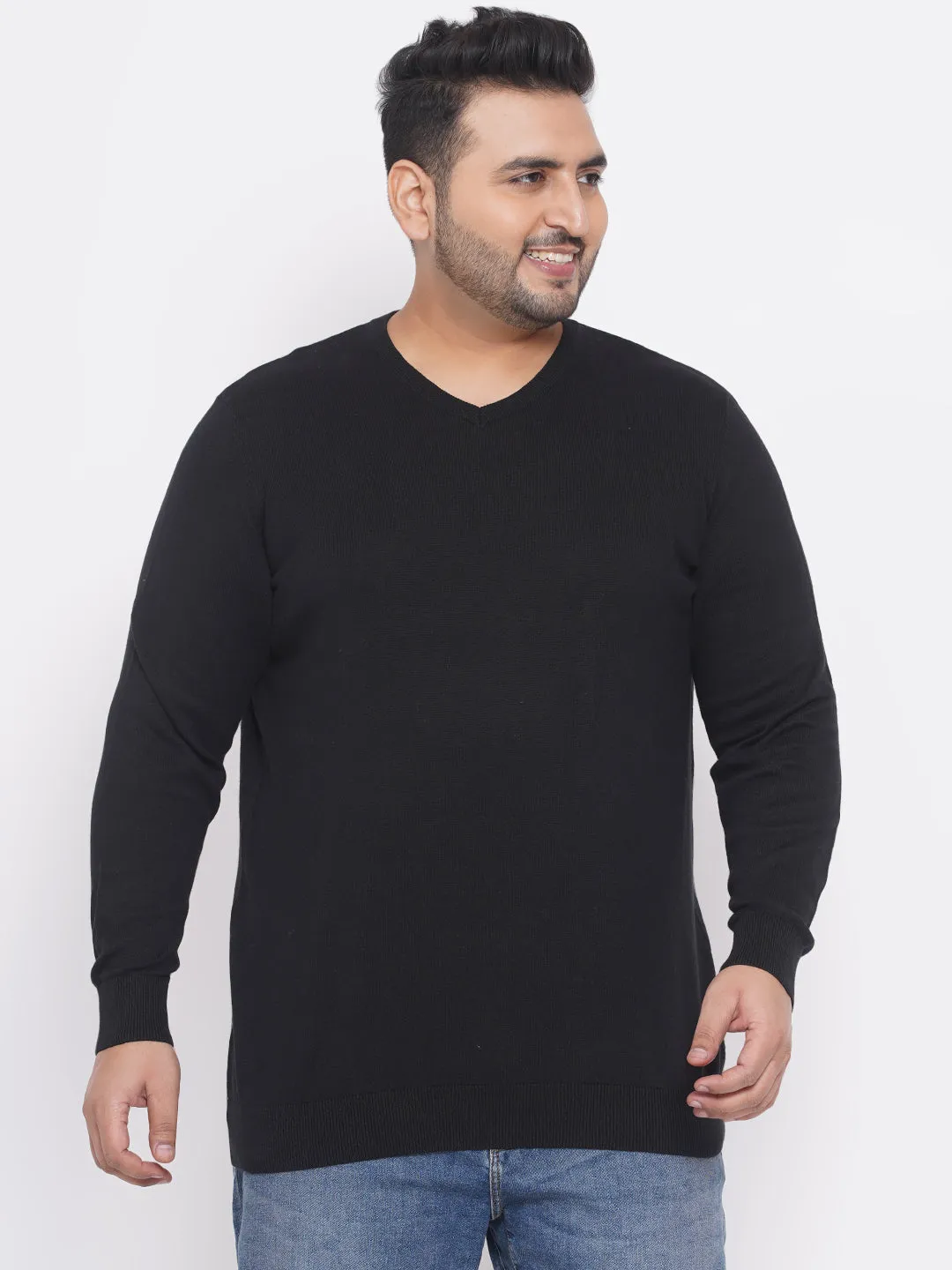 Kiabi - Plus Size Men's Regular Fit Black Solid Cotton Knitted Long Sleeves Sweater