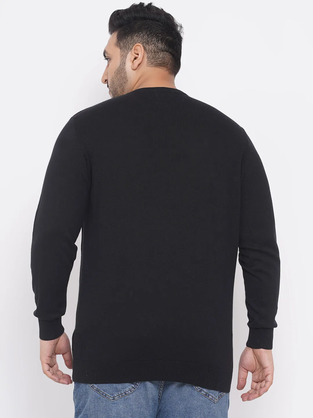 Kiabi - Plus Size Men's Regular Fit Black Solid Cotton Knitted Long Sleeves Sweater