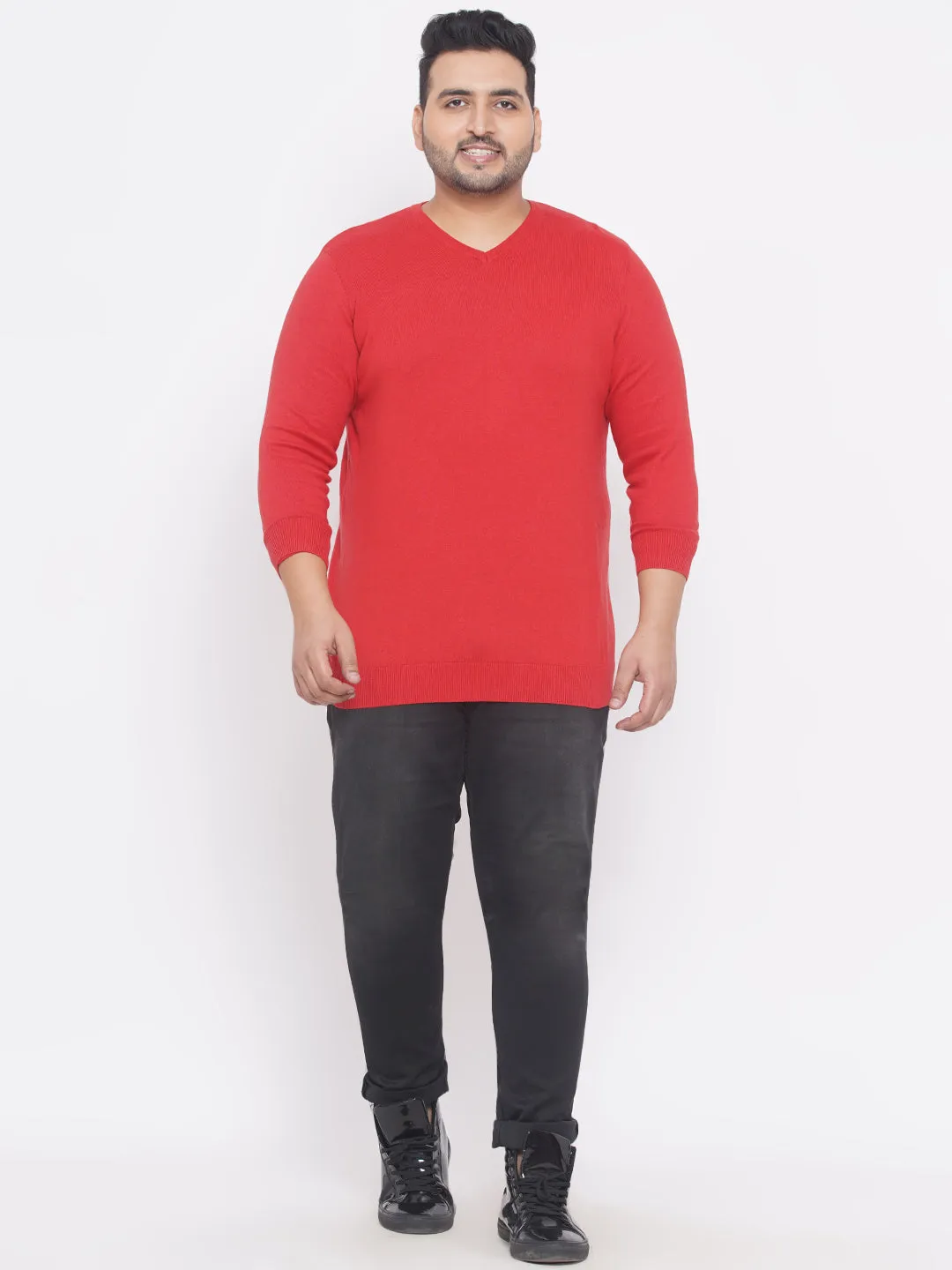 Kiabi - Plus Size Men's Regular Fit Red Solid Cotton Knitted Long Sleeves Sweater