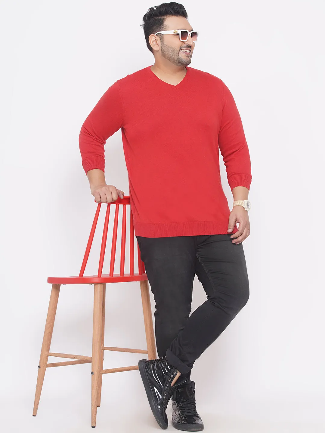 Kiabi - Plus Size Men's Regular Fit Red Solid Cotton Knitted Long Sleeves Sweater