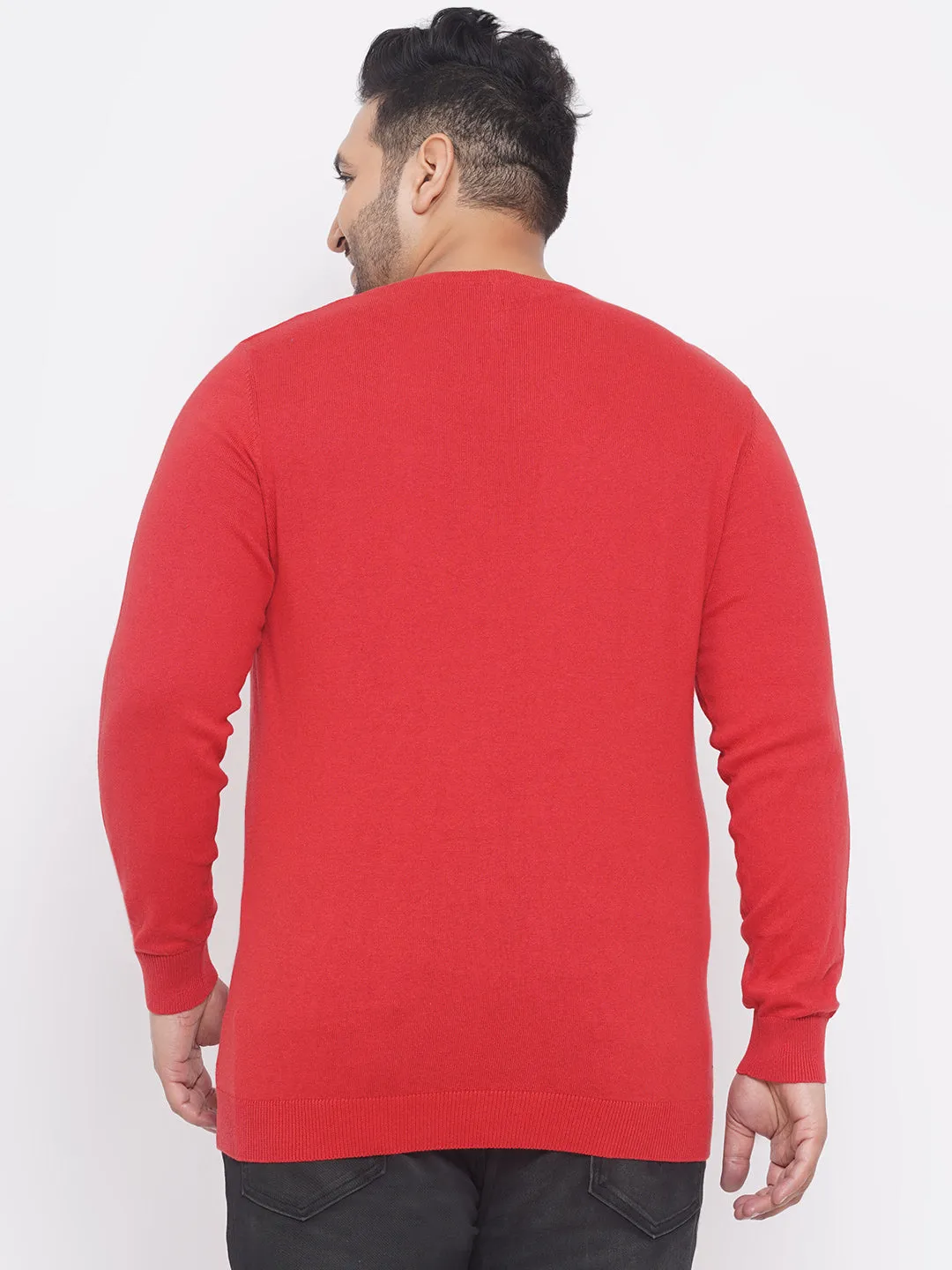 Kiabi - Plus Size Men's Regular Fit Red Solid Cotton Knitted Long Sleeves Sweater