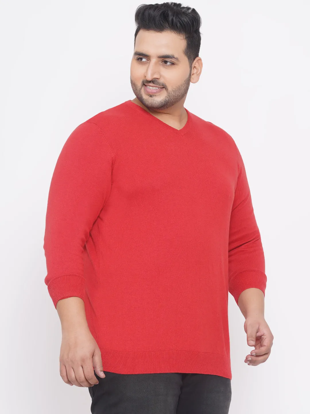 Kiabi - Plus Size Men's Regular Fit Red Solid Cotton Knitted Long Sleeves Sweater