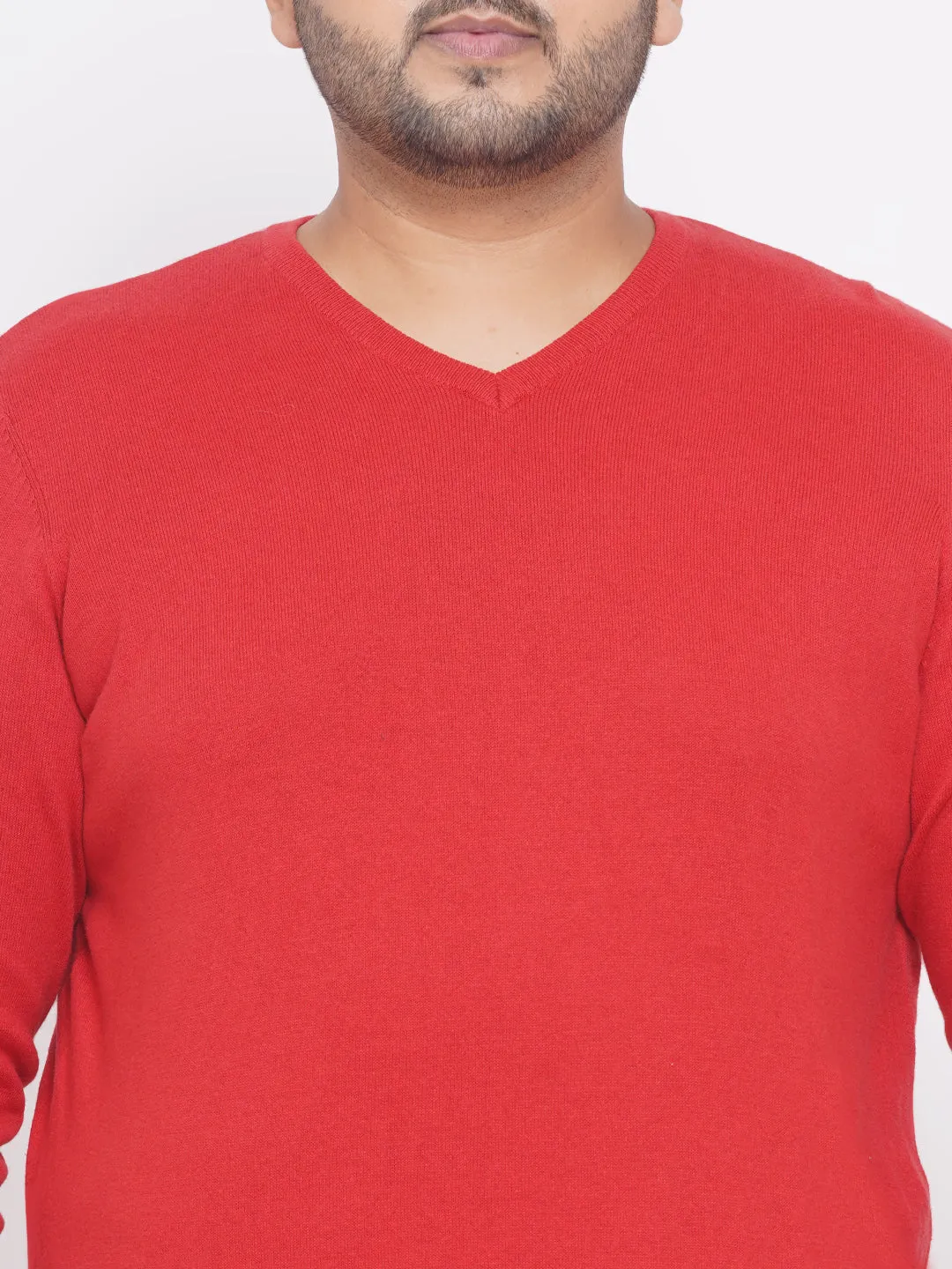 Kiabi - Plus Size Men's Regular Fit Red Solid Cotton Knitted Long Sleeves Sweater