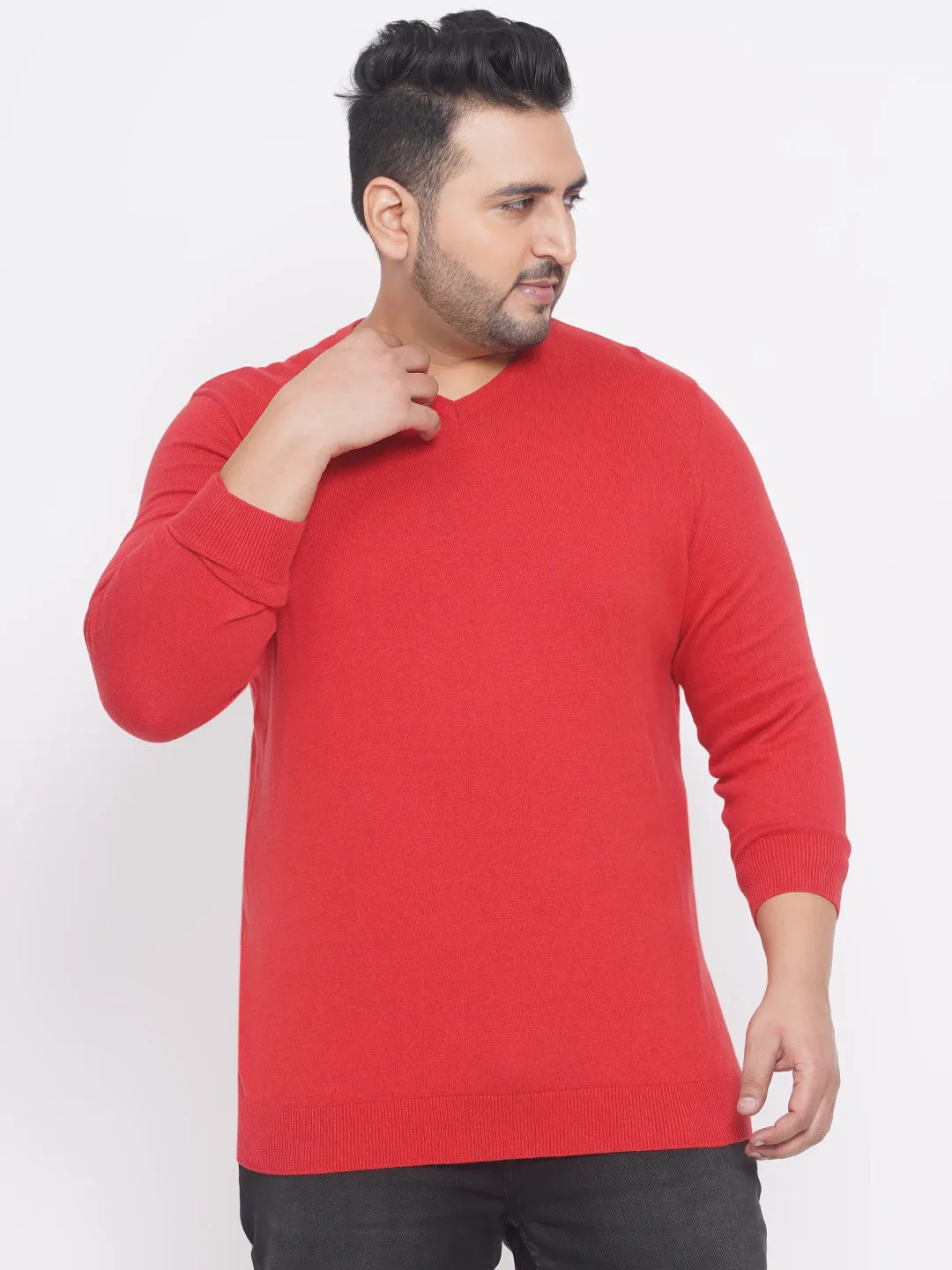 Kiabi - Plus Size Men's Regular Fit Red Solid Cotton Knitted Long Sleeves Sweater