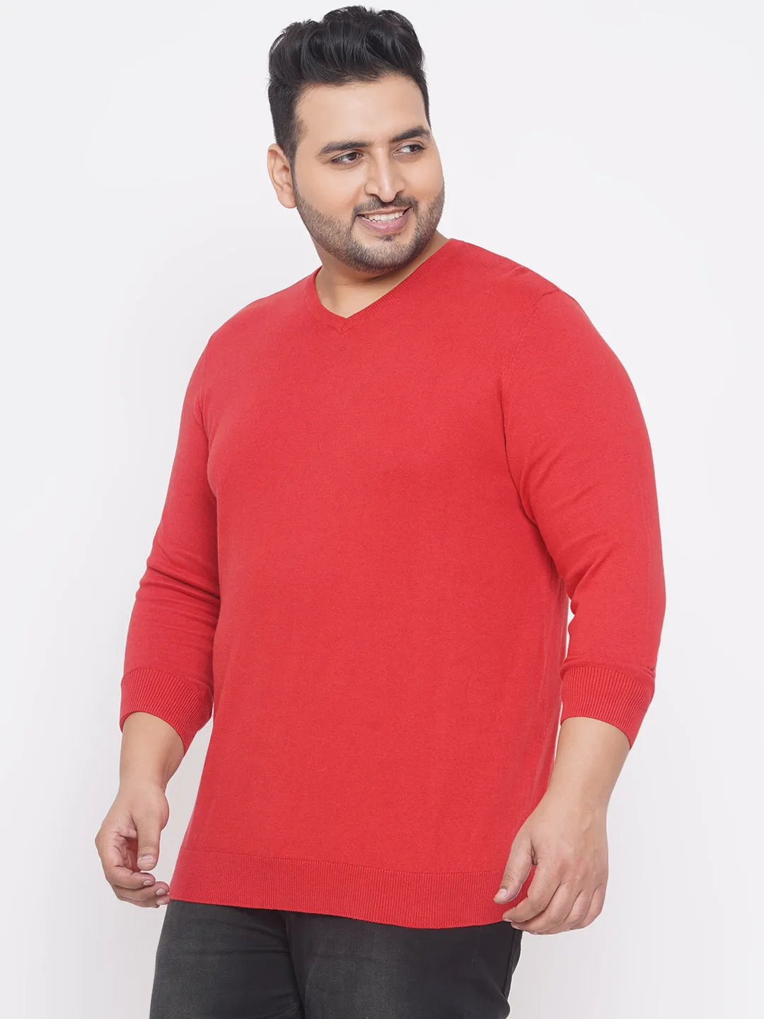 Kiabi - Plus Size Men's Regular Fit Red Solid Cotton Knitted Long Sleeves Sweater