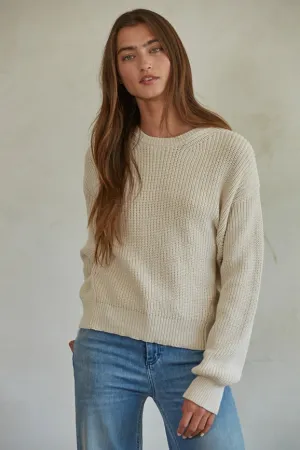 Knit Cotton Sweater Ribbed Long Sleeve Pullover Top Natural