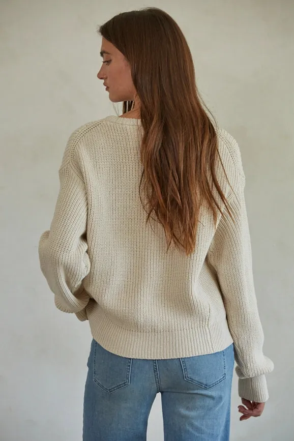 Knit Cotton Sweater Ribbed Long Sleeve Pullover Top Natural