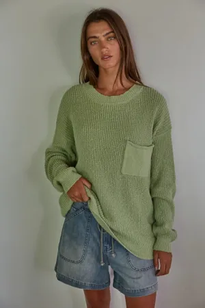 Knit Cotton Sweater Ribbed Pullover Top Light Sage