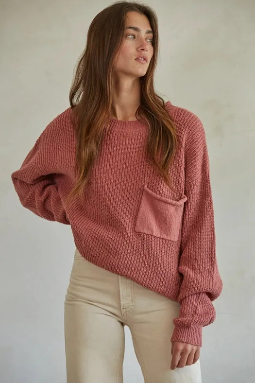 Knit Cotton Sweater Ribbed Pullover Top Rose