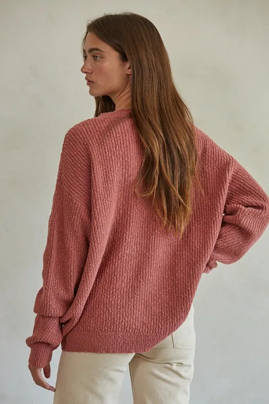 Knit Cotton Sweater Ribbed Pullover Top Rose