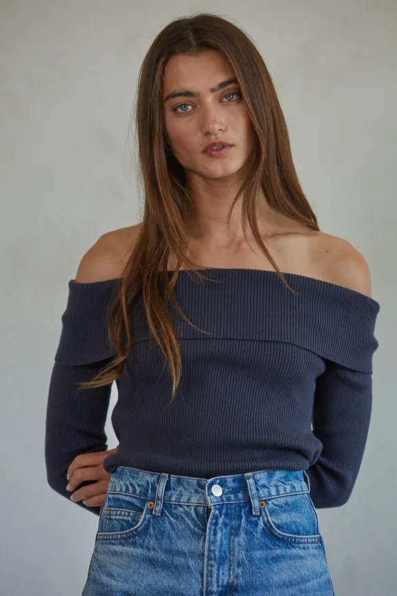 Knit Sweater Ribbed Off Shoulder Pullover Dark Navy