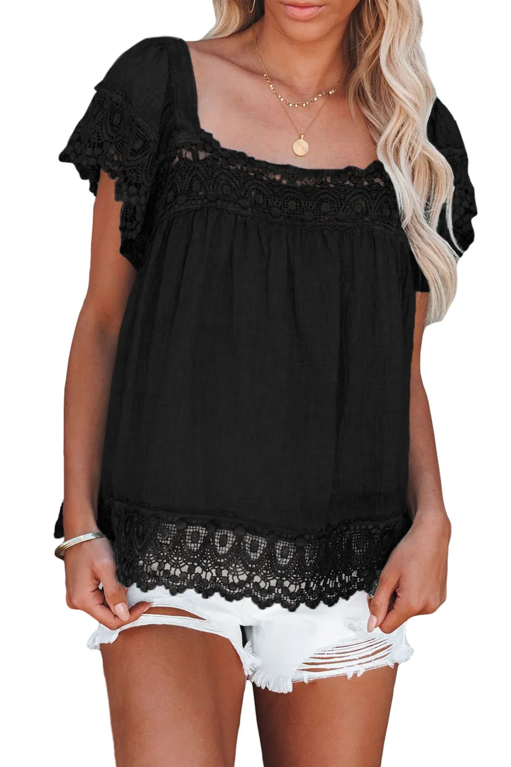 Lace Pom Pom Splicing Square Neck Blouse