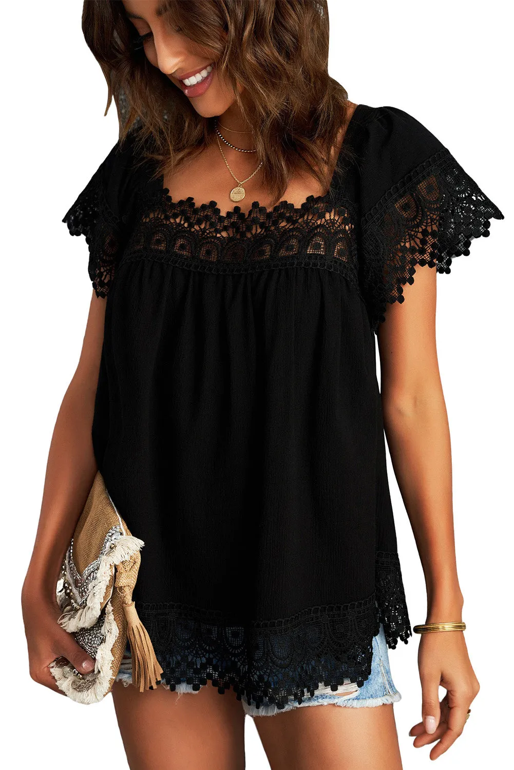 Lace Pom Pom Splicing Square Neck Blouse