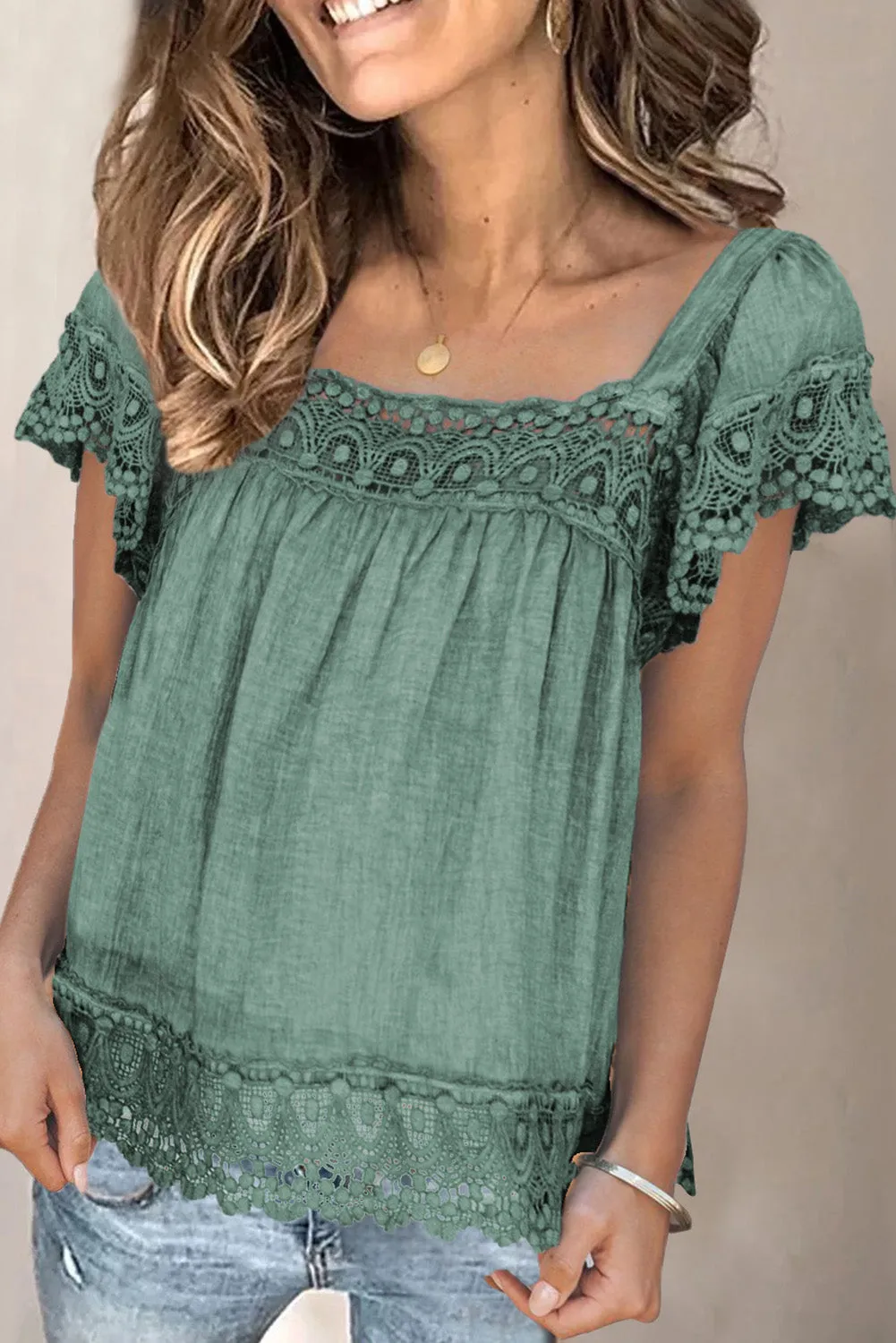 Lace Pom Pom Splicing Square Neck Blouse