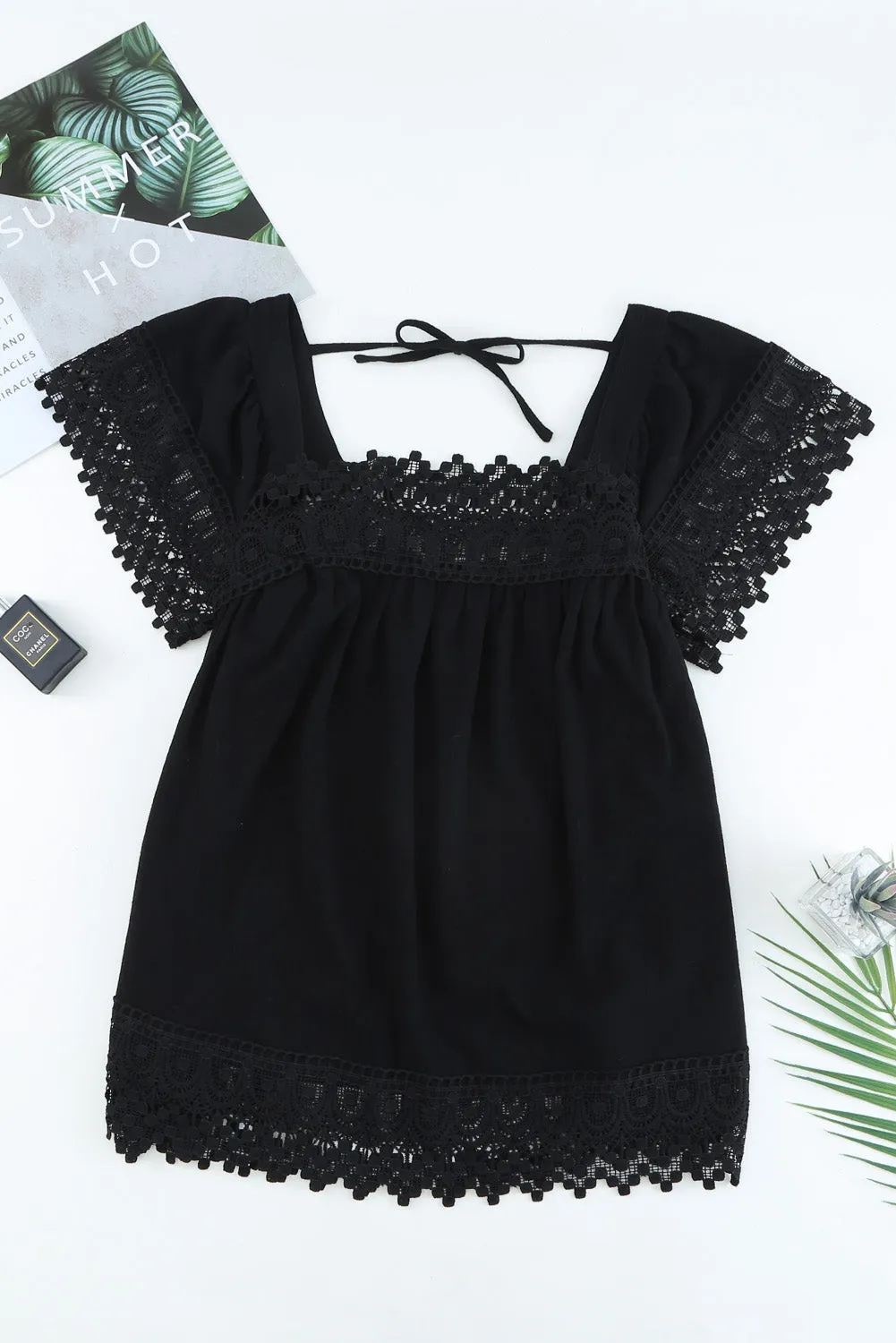 Lace Pom Pom Splicing Square Neck Blouse