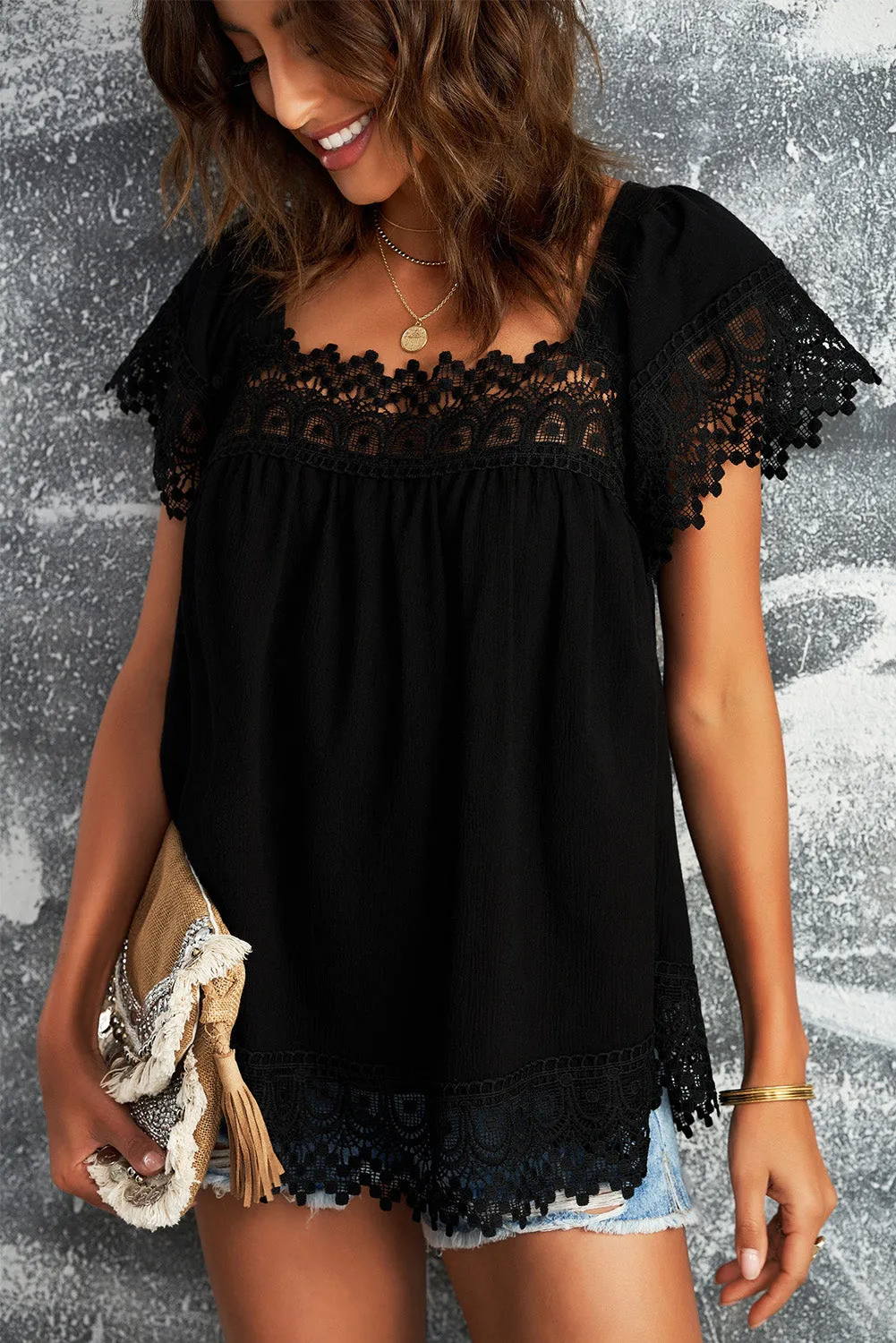 Lace Pom Pom Splicing Square Neck Blouse