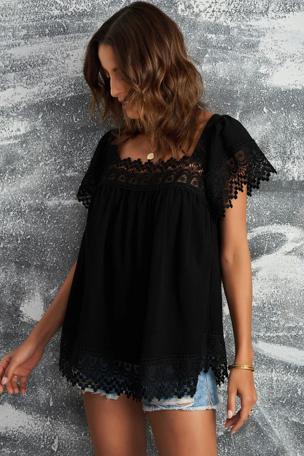 Lace Pom Pom Splicing Square Neck Blouse