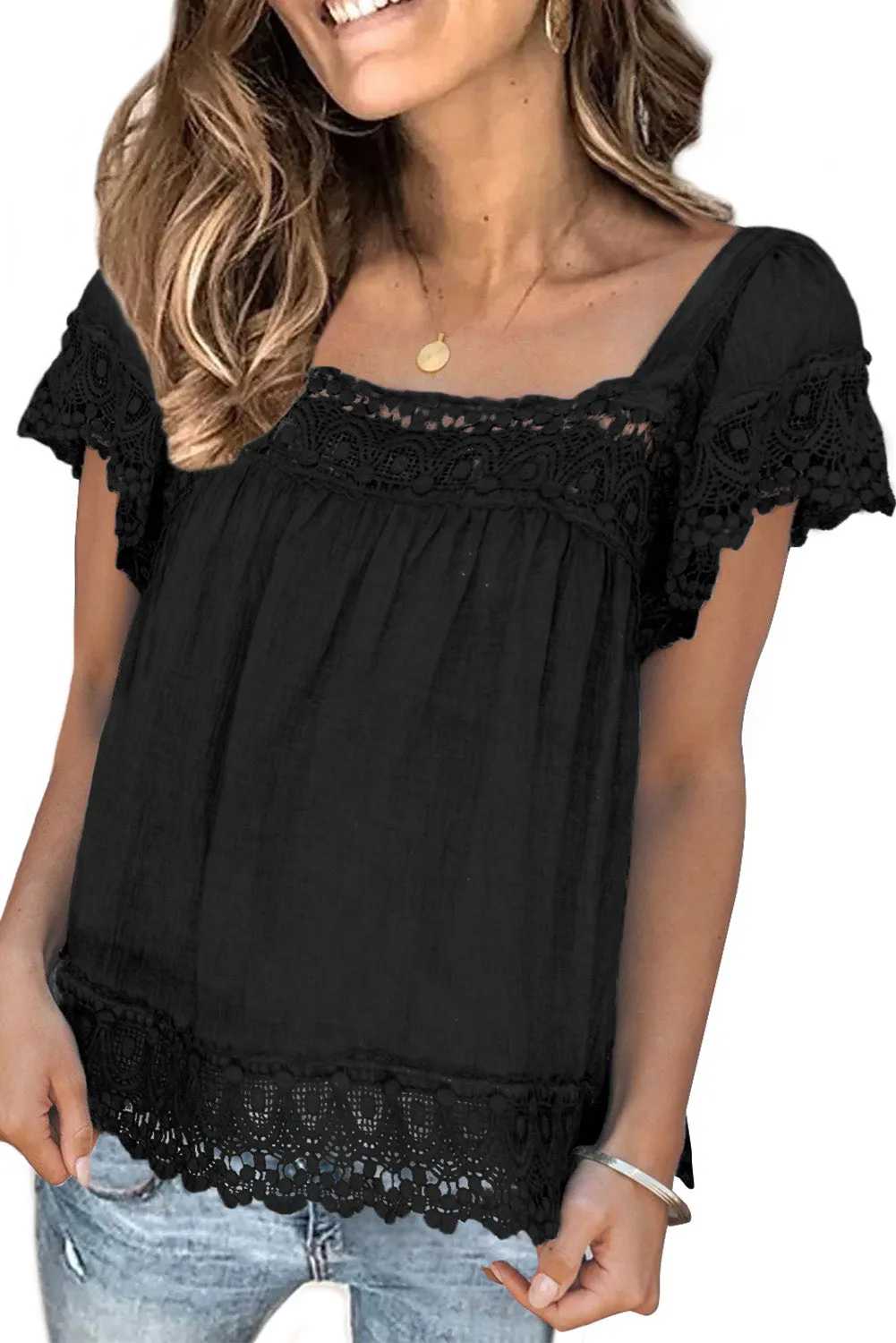 Lace Pom Pom Splicing Square Neck Blouse