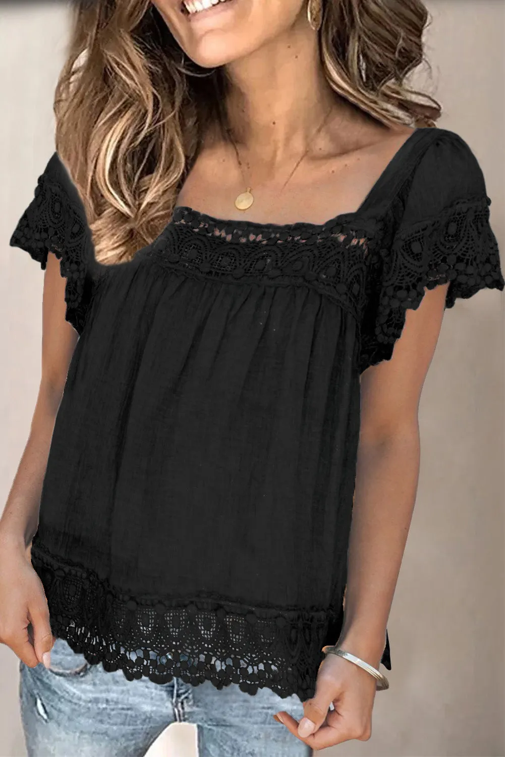 Lace Pom Pom Splicing Square Neck Blouse