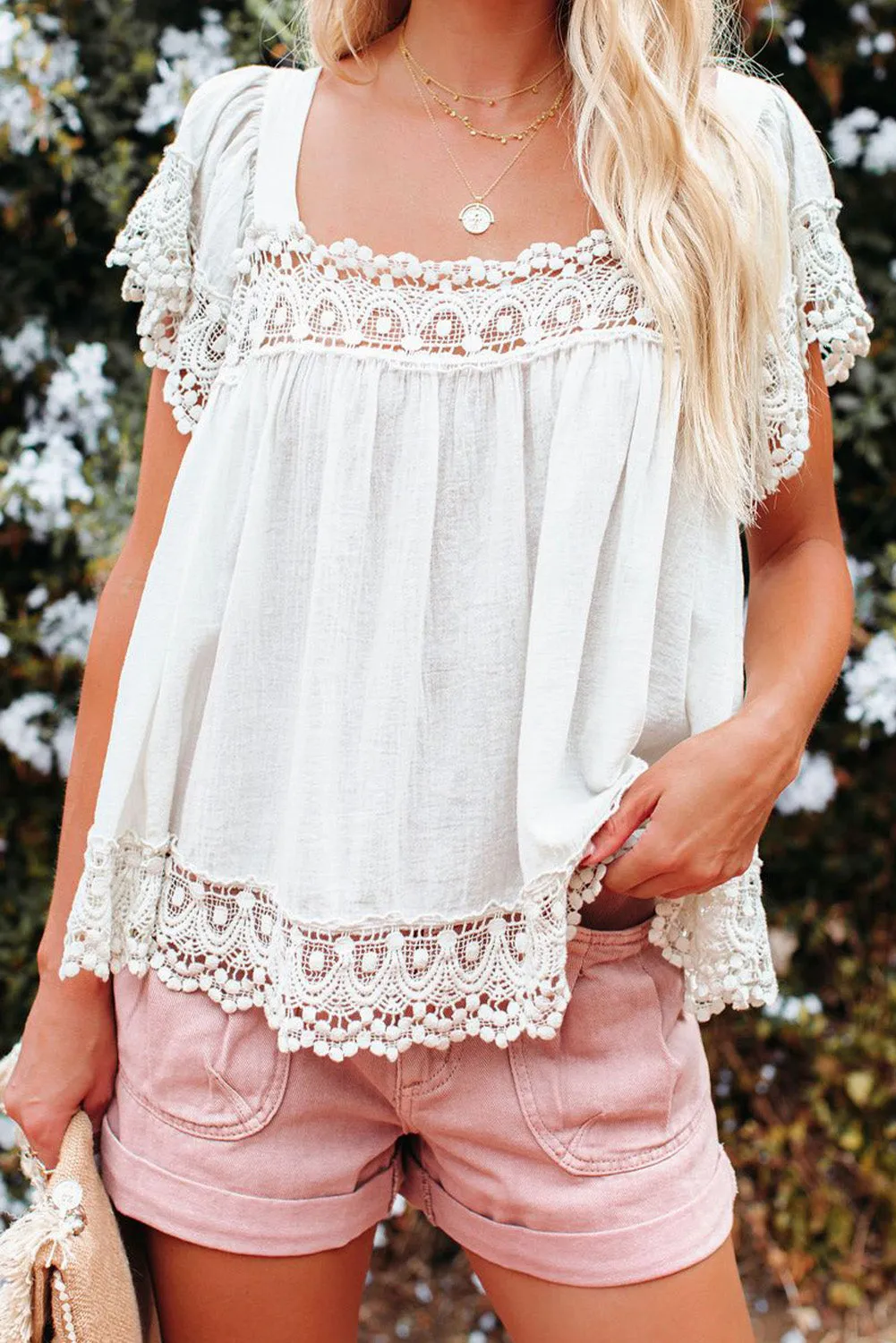 Lace Pom Pom Splicing Square Neck Blouse