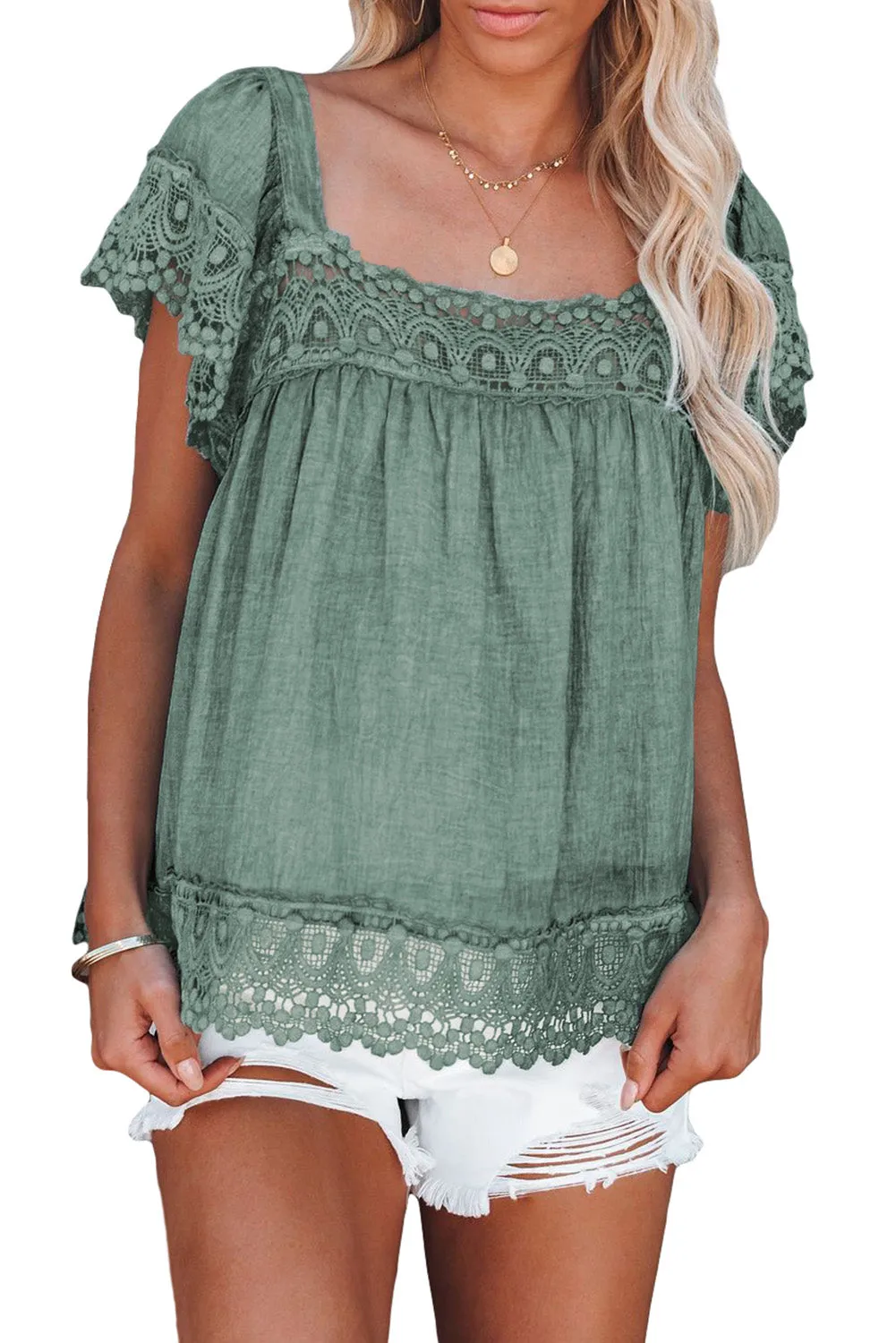 Lace Pom Pom Splicing Square Neck Blouse