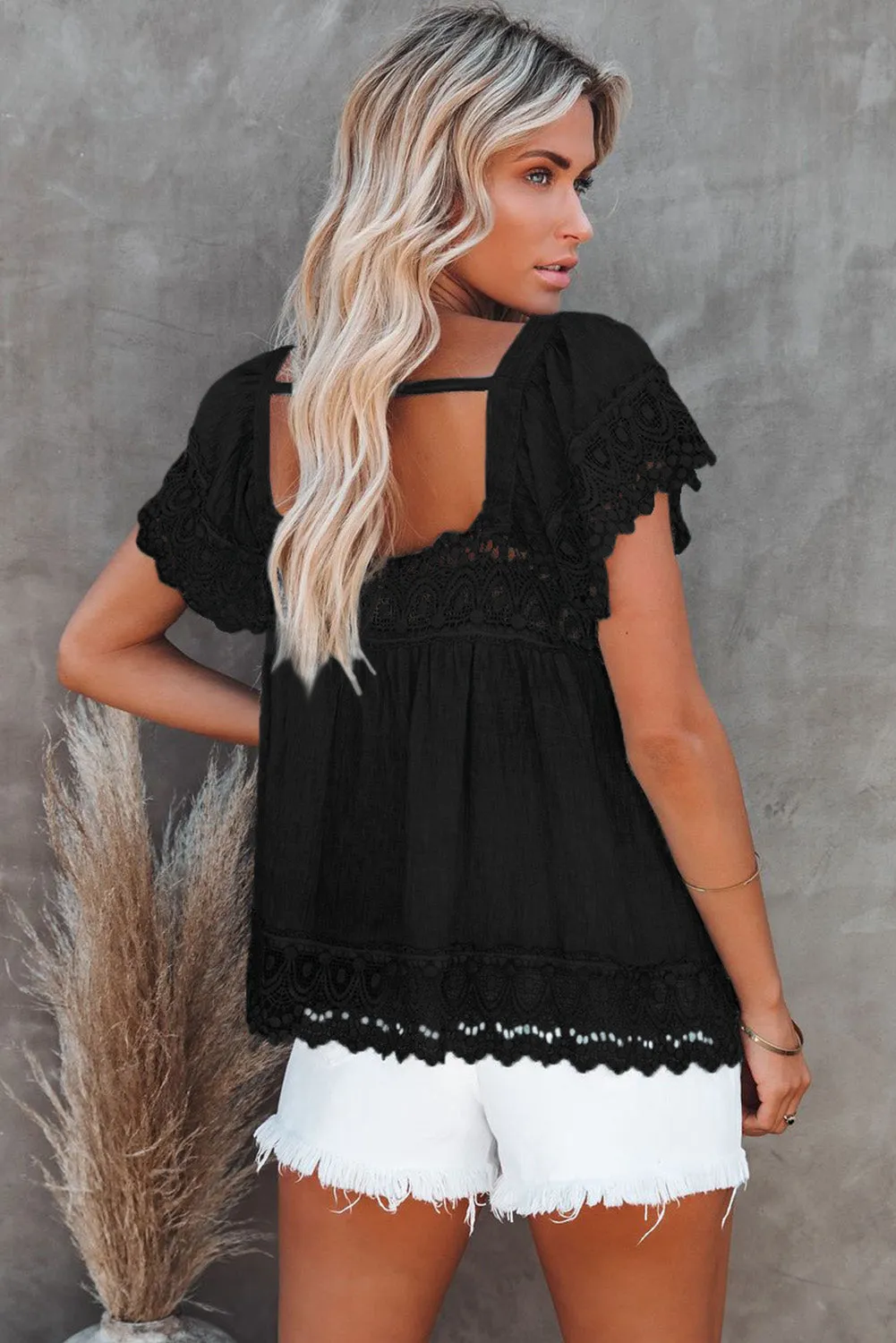 Lace Pom Pom Splicing Square Neck Blouse