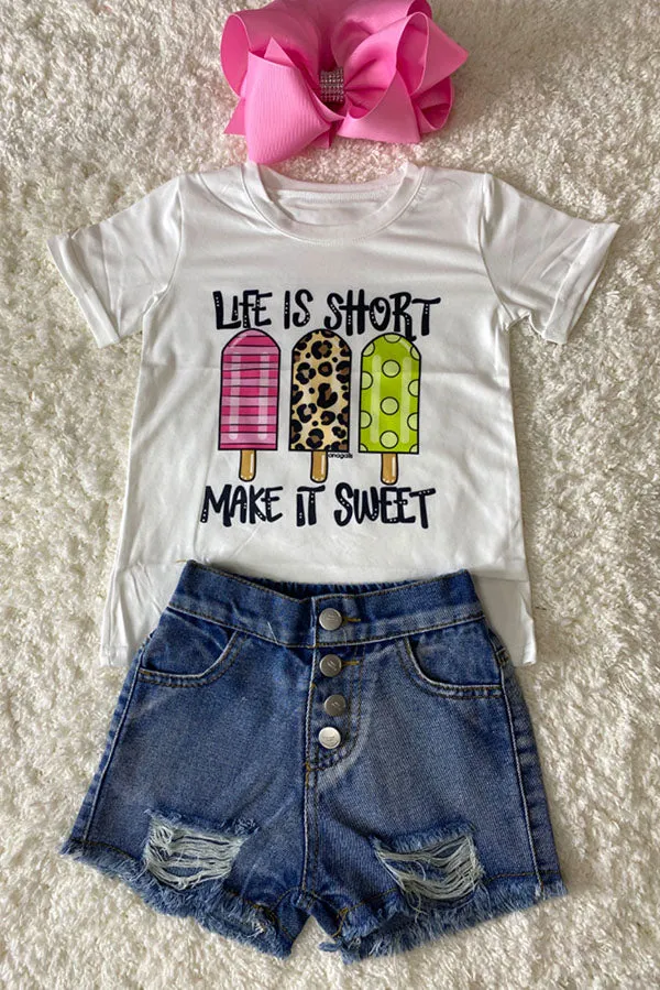 ''Life Is Short'' with multi print popsicles white t-shirt DLH1215-33