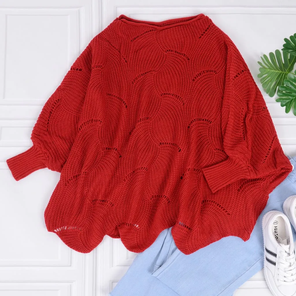 Loose Batwing Sleeve Hollow Out Knit Sweater Top