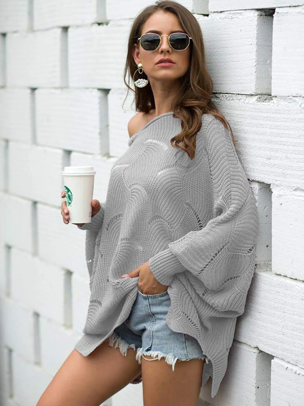 Loose Batwing Sleeve Hollow Out Knit Sweater Top